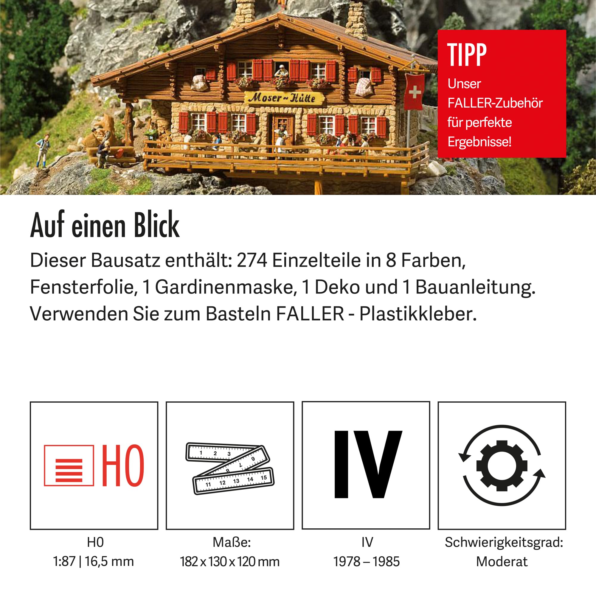 FALLER Hochgebirgshütte Moser-Hütte Modellbausatz mit 274 Einzelteilen 182 x 130 x 120 mm I Modelleisenbahn Zubehör H0 I Modelleisenbahn H0 Berghütte