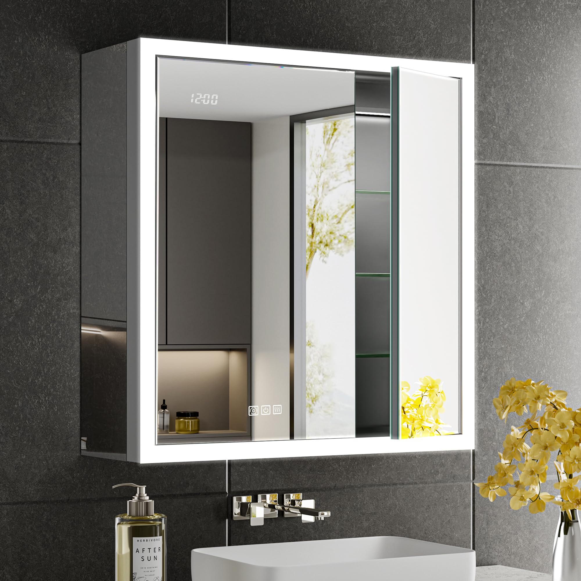 QueenFun 30x32 Lighted Medicine Cabinet with Mirror & Clock -Surface or Recessed Aluminum Medicine Cabinet with Dimmable Light & Outlet, Anti-Fog, Built-in Sensing Light, Assembly-Free