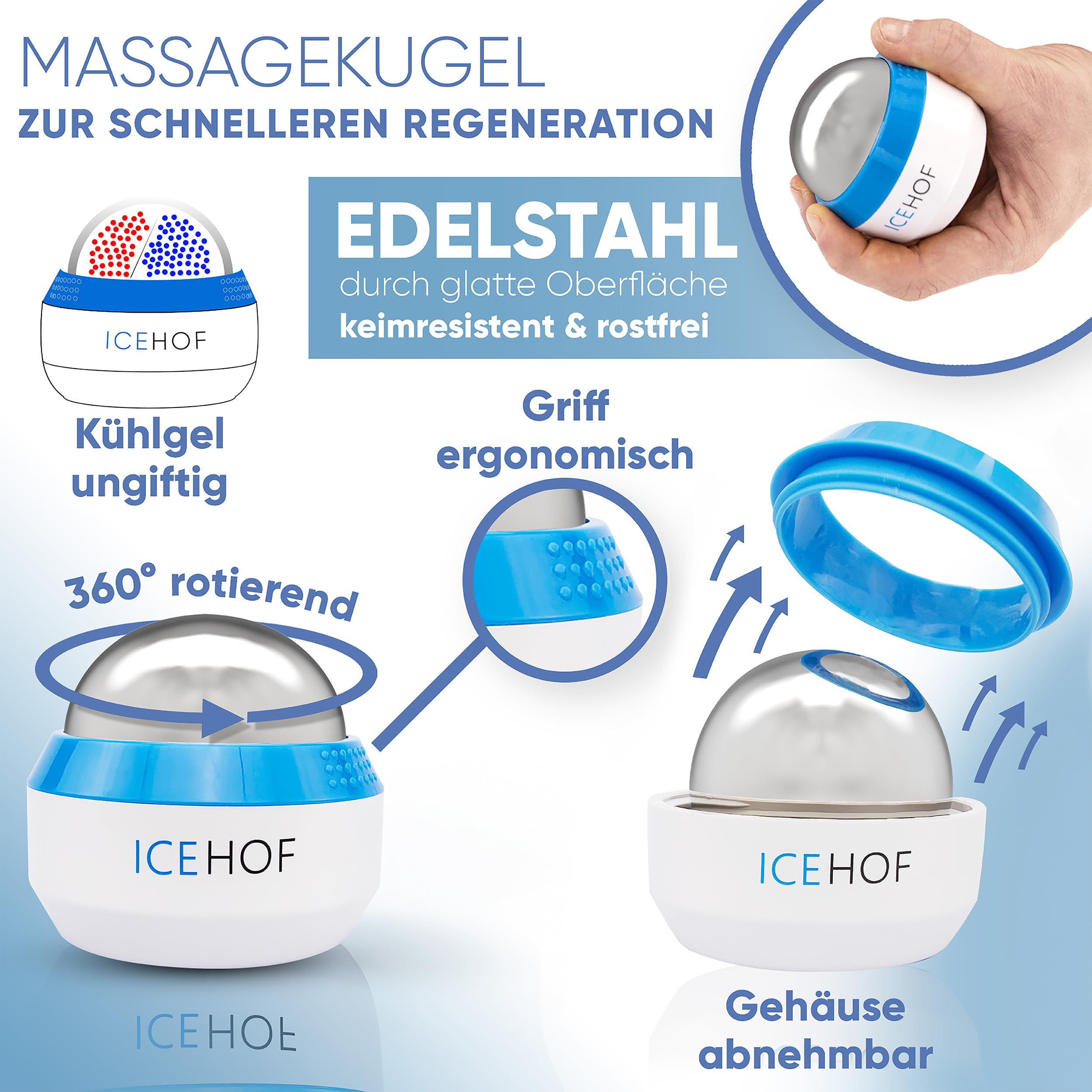ICEHOF Bola de masaje con enfriamiento - Bola de masaje para fascia - Rodillo facial, en todo el cuerpo con gel refrescante - funciones de masaje y enfriamiento o calentamiento