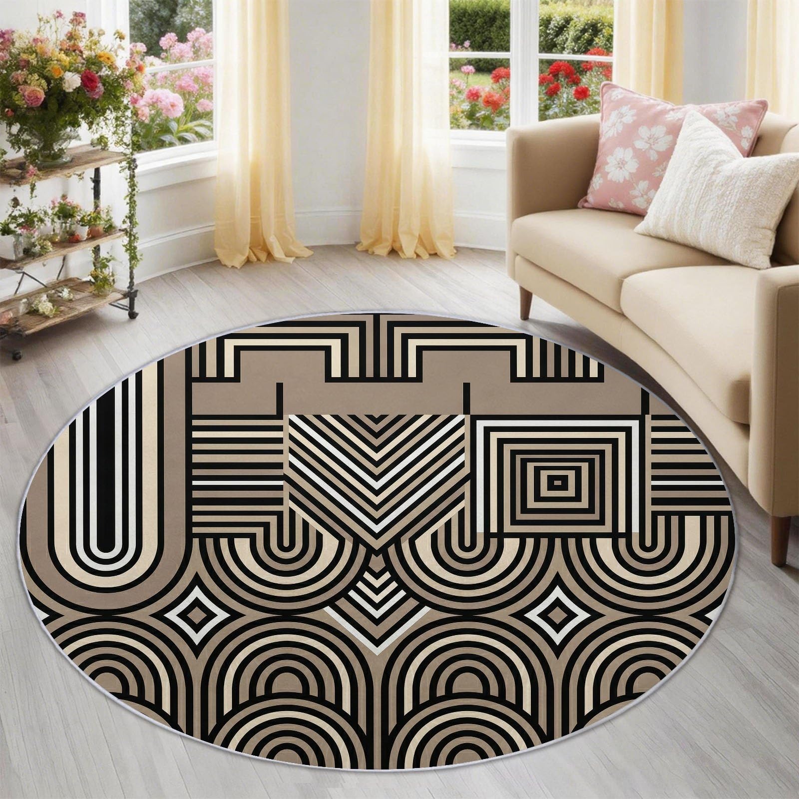 Tappeto rotondo, 160 cm, lavabile, motivo geometrico astratto, strisce a rombi, per camera da letto, a pelo corto, antiscivolo, per sala da pranzo e cameretta dei bambini, marrone