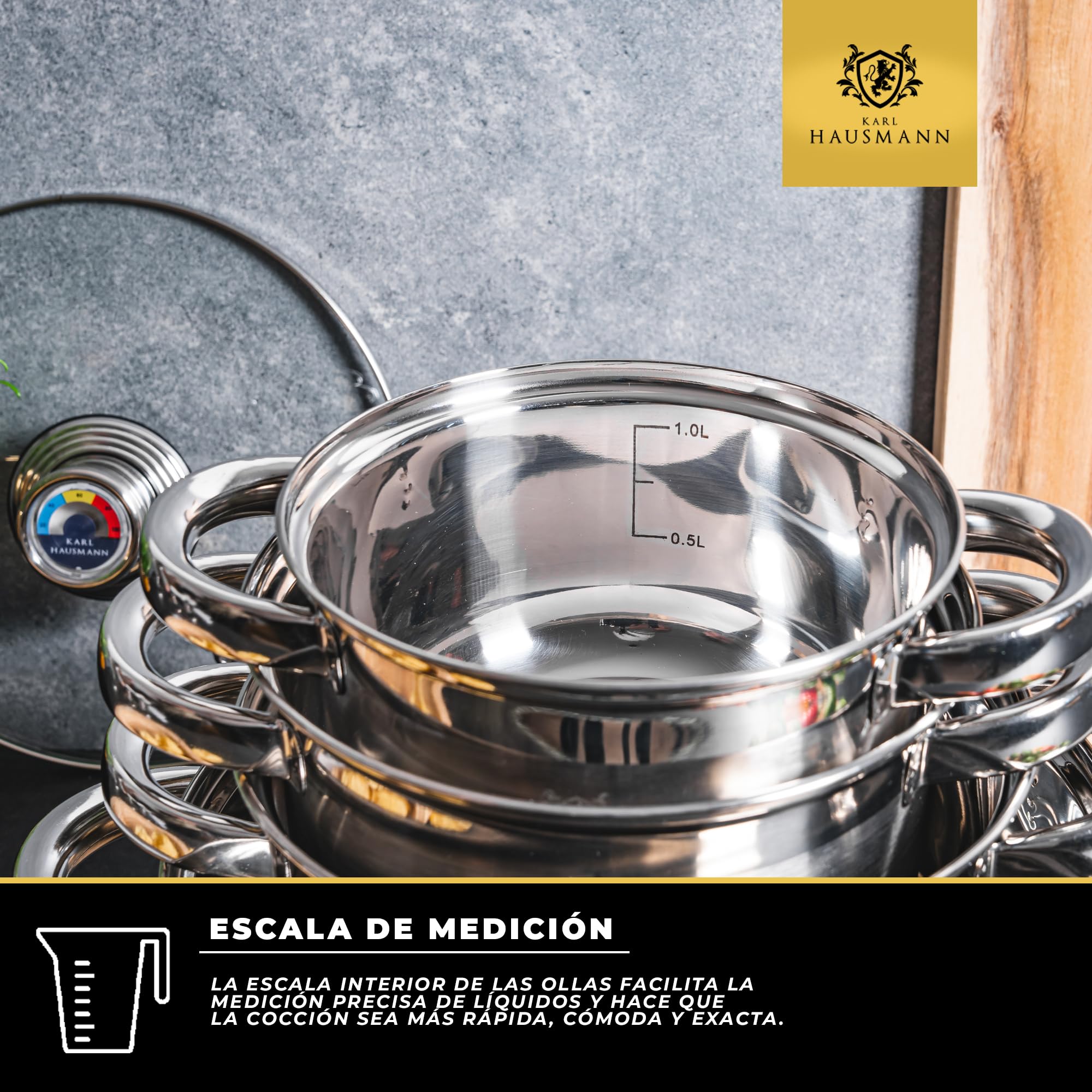 KARL HAUSMANN Batería de Cocina 4 Piezas Acero Inoxidable con Tapas Termómetro - Ollas Inducción, Juego de Ollas Cocina Uso Diario, Gas, Eléctrica, Vitrocerámica, 4 Tamaños