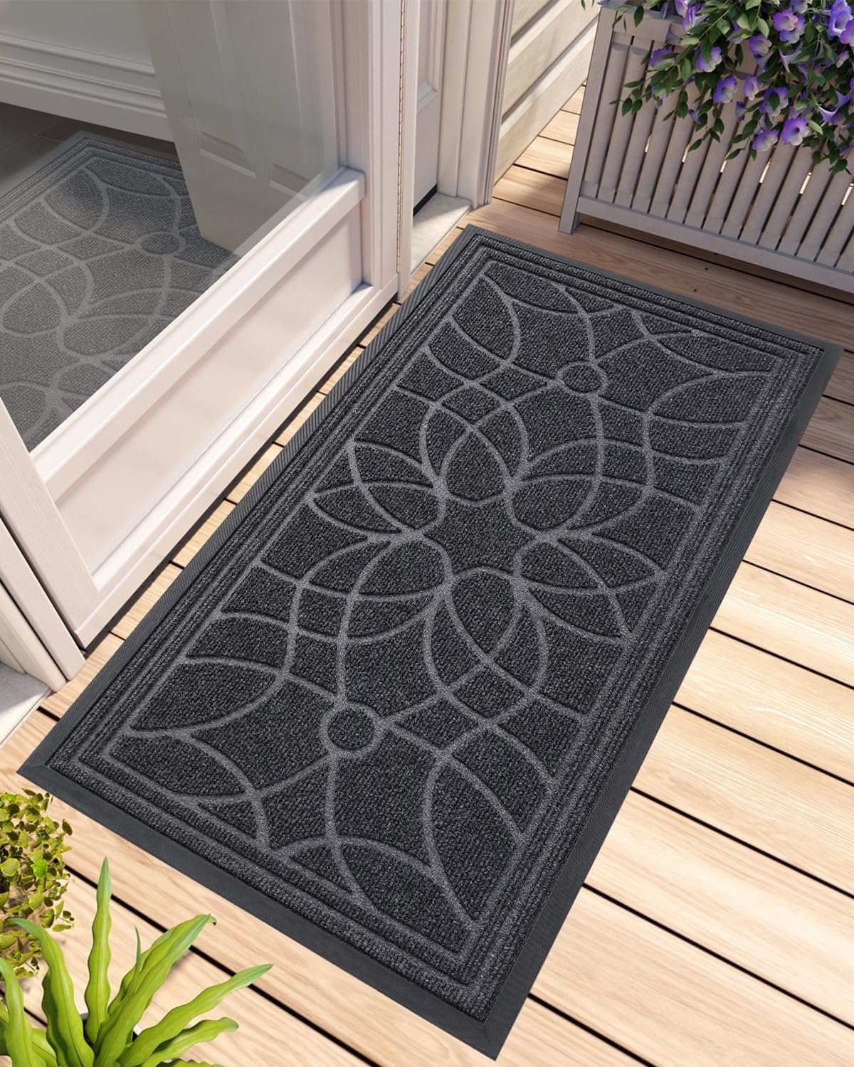 Front Door Mat Outside Entrance, Heavy Duty Non Slip Low Profile Doormat for Entryway, Trap Dirt and Moisture Welcome Mats, Easy Clean, Patio, Garage, 4x2, Grey