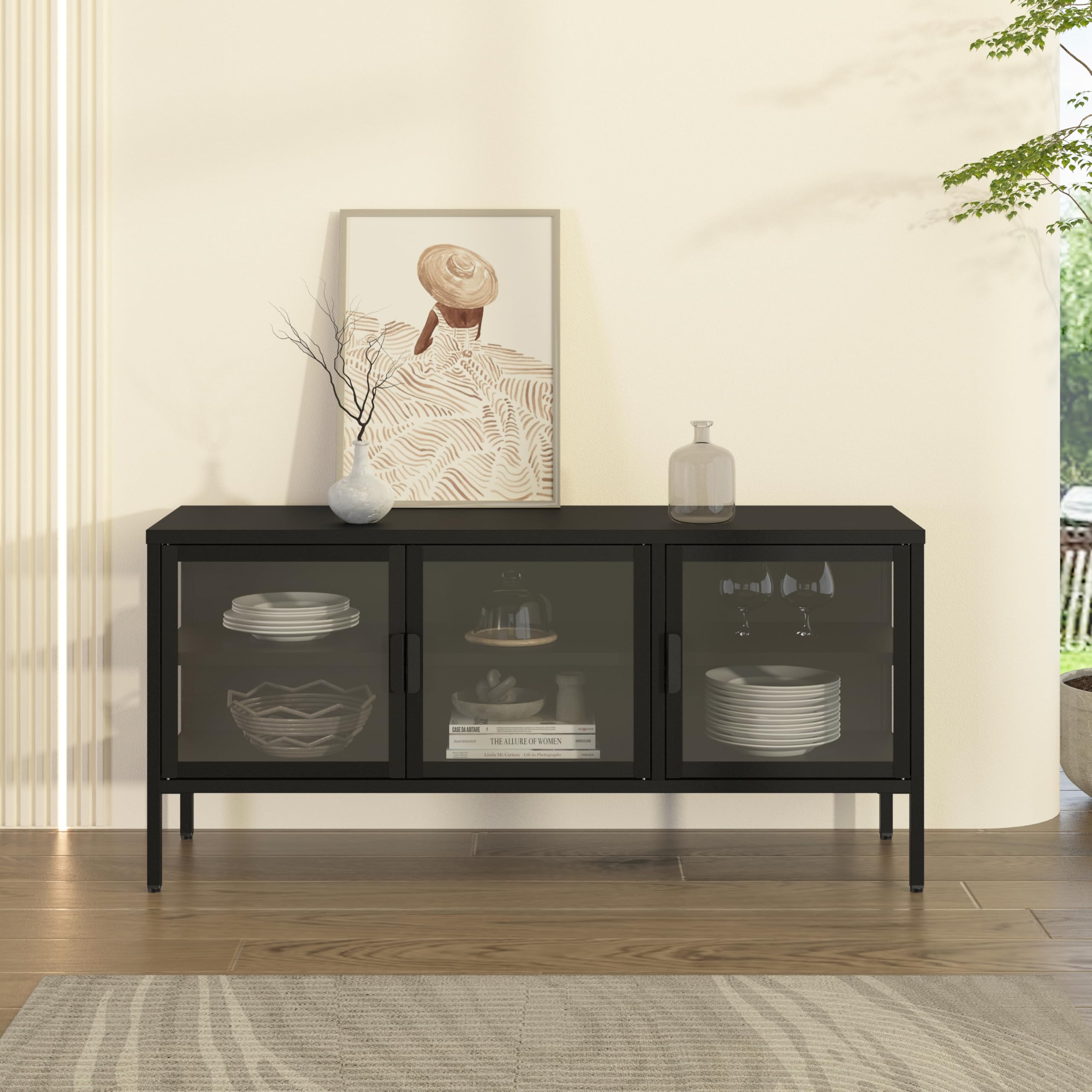 [en.casa] Armadietto con Vetrina Mobile TV in Acciaio Nero con 3 Ante in Vetro Temperato Mobile Contenitore Moderno per Soggiorno Ufficio 55 x 118 x 35 cm