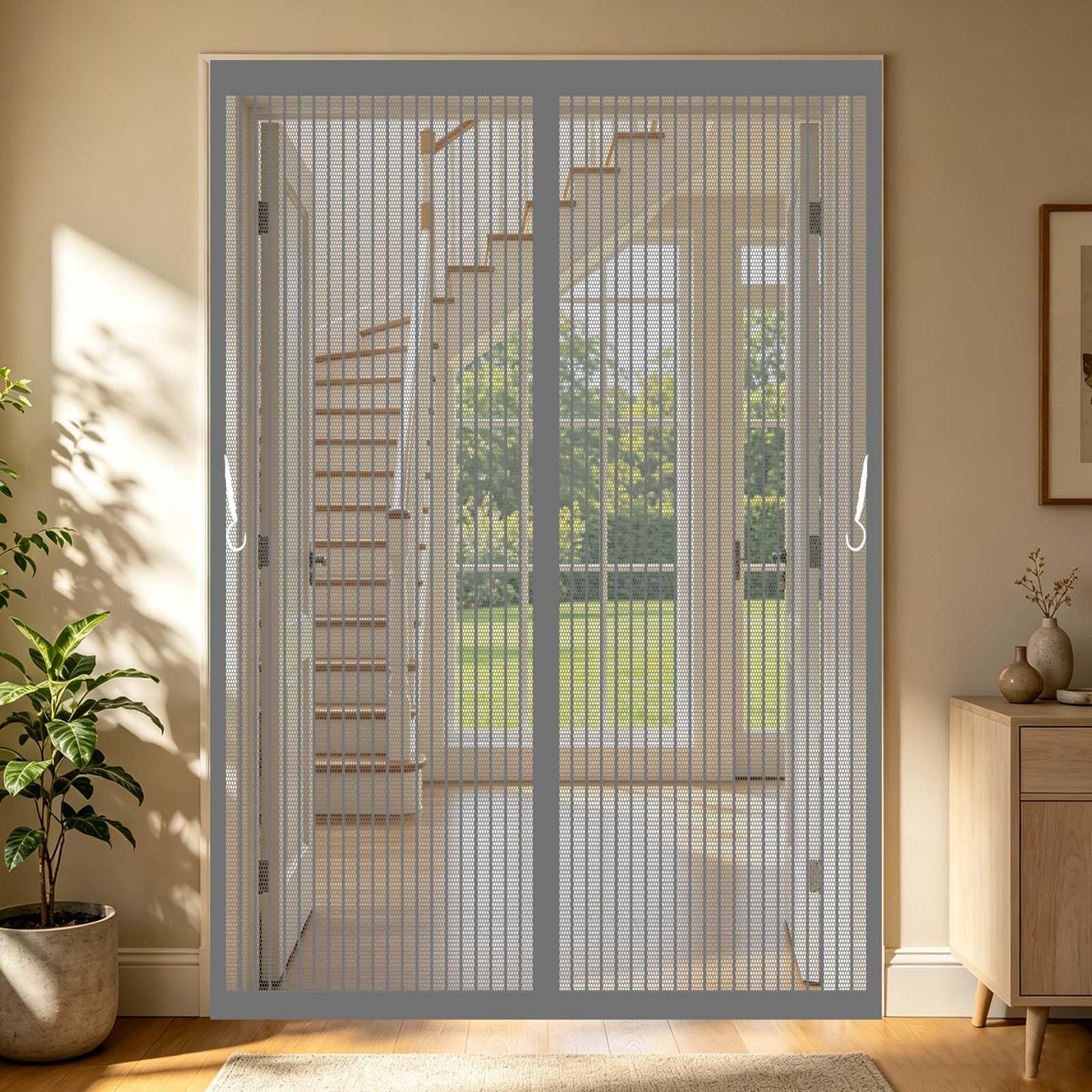 Fly Screen Door 146 x 217 cm Full Frame Magic Tape, Magnet Silent Closure, No Punching Door Curtain Fly Screen Bug Mosquito Insect Mesh Magnetic for Kitchen Bedroom, Grey
