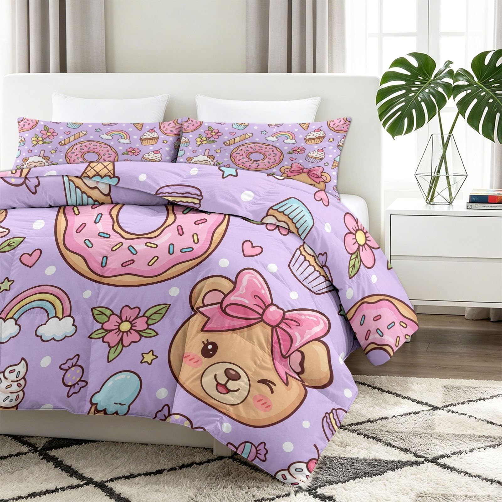 Doppelseitig Bettdecke 135 x 200 cm, Cartoon Muster Wende Bettdecken, Donut Teddybär Milchtee Waschbare Bettdecke ohne Bezug mit 2 Kissenbezüge, Rosa Lila Weich Steppdecke für alle Jahreszeiten