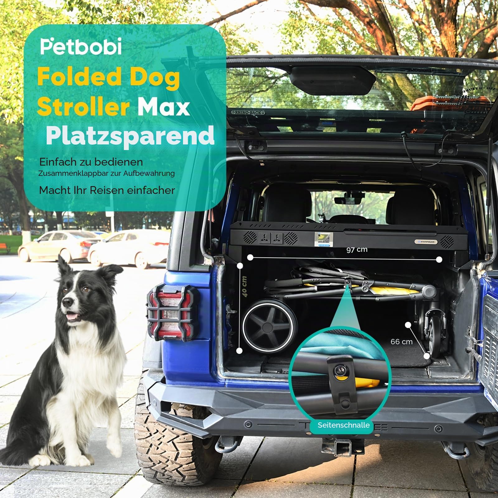 Petbobi Hundekinderwagen für mittelgroße und große Hunde, leicht zusammenklappbar, Doppel-Einstieg, Fußbremse, All-Terrain mit Luftnetz, ideal für ältere Haustiere bis 36 kg, Schwarz