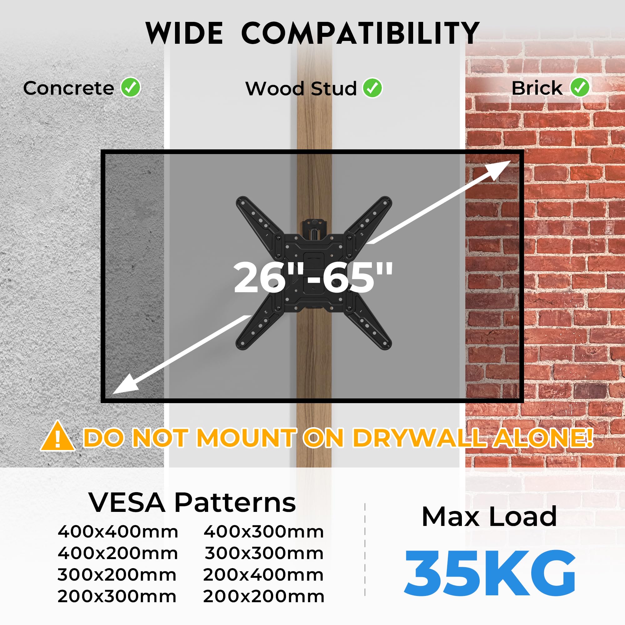 BONTEC Supporto TV da Parete 26-65“, Staffa Orientabile e Inclinabile con Braccio Estensibile 950mm, Design Salvaspazio per Smart TV e Monitor, VESA 400x400mm, Portata 35 kg, con Fascette