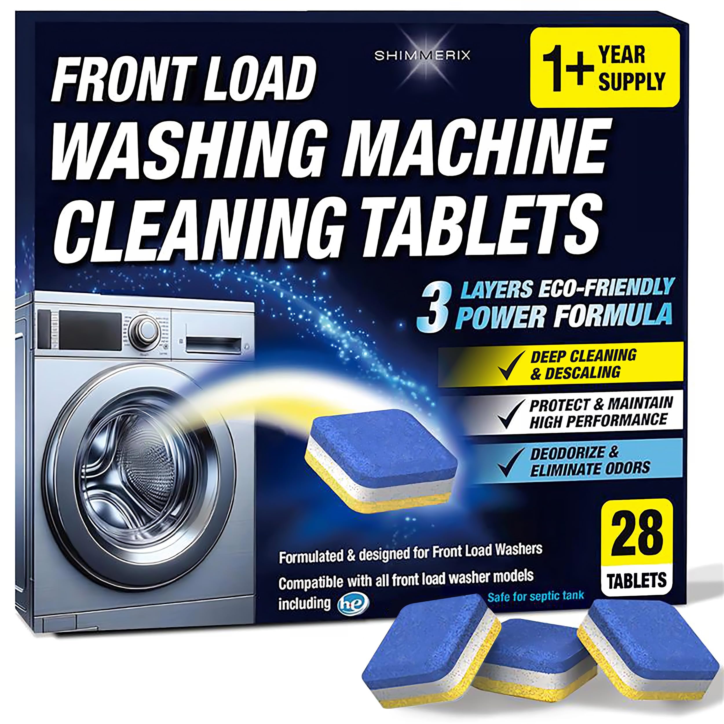 Washing Machine Cleaner Descaler 28 Pack - Designed for Front Loader Washer - Deep Cleaning Tablets For HE, Septic Safe Eco-Friendly Deodorizer, Clean Inside Drum & Laundry Tub Seal - 14 Month Supply
