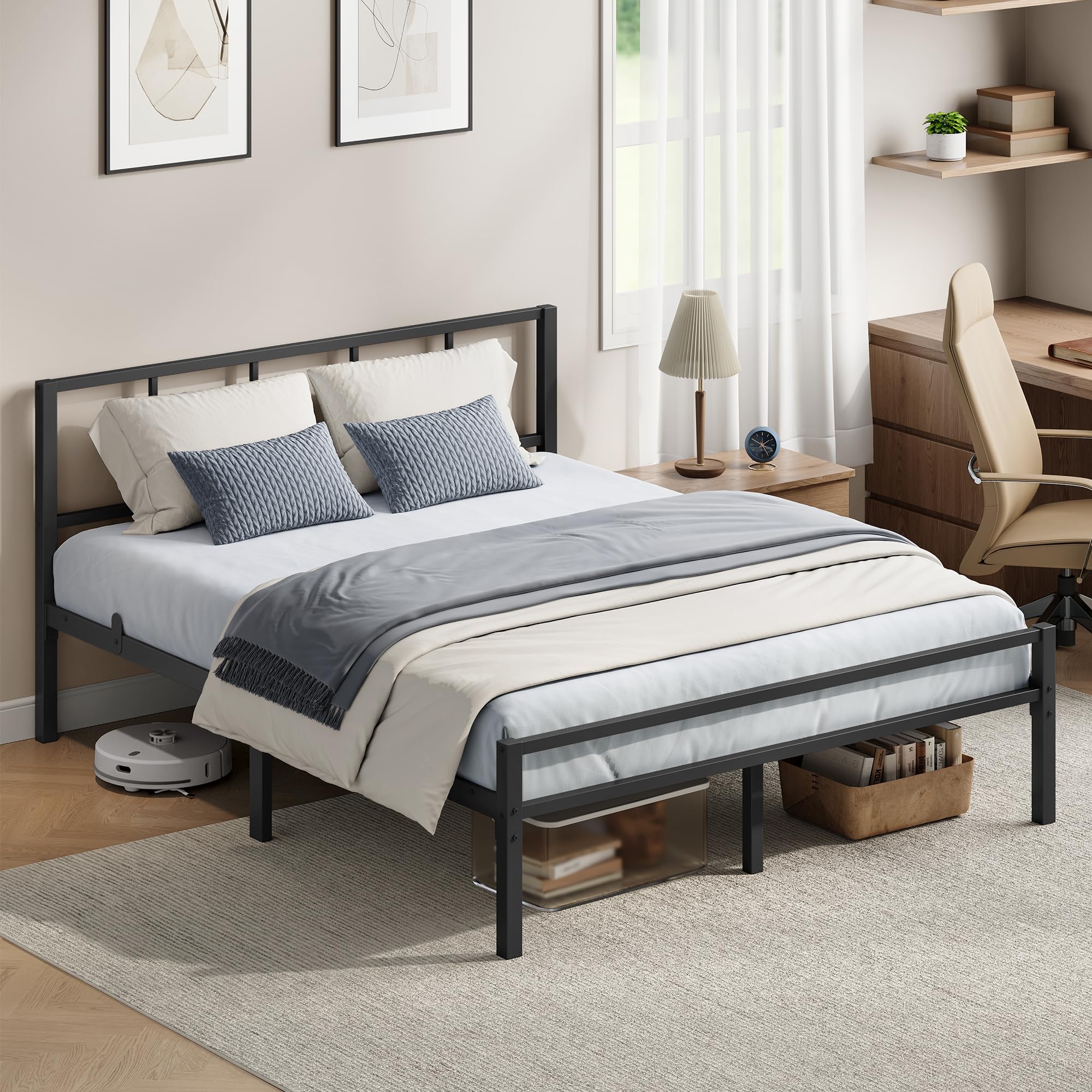 VASAGLE Cadre de Lit 140 x 190 cm avec Sommier, Tête de Lit, en Métal, Supporte Jusqu'à 500 kg, Montage Facile, pour Chambre, Noir d'encre RMB293B101