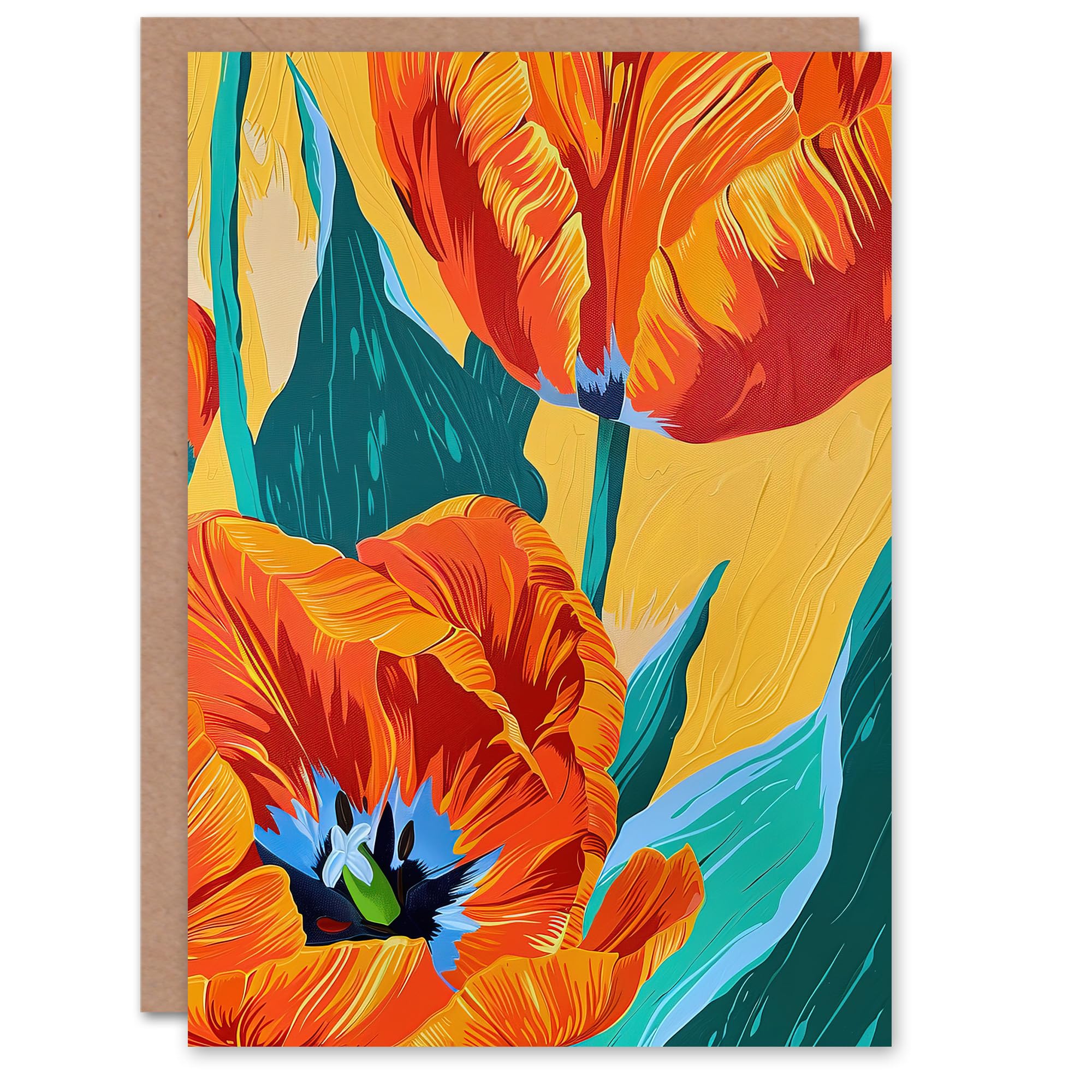 Artery8 Greeting Card Stylised Orange Teal Tulip Flowers Vibrant Floral For Her Woman Birthday Card