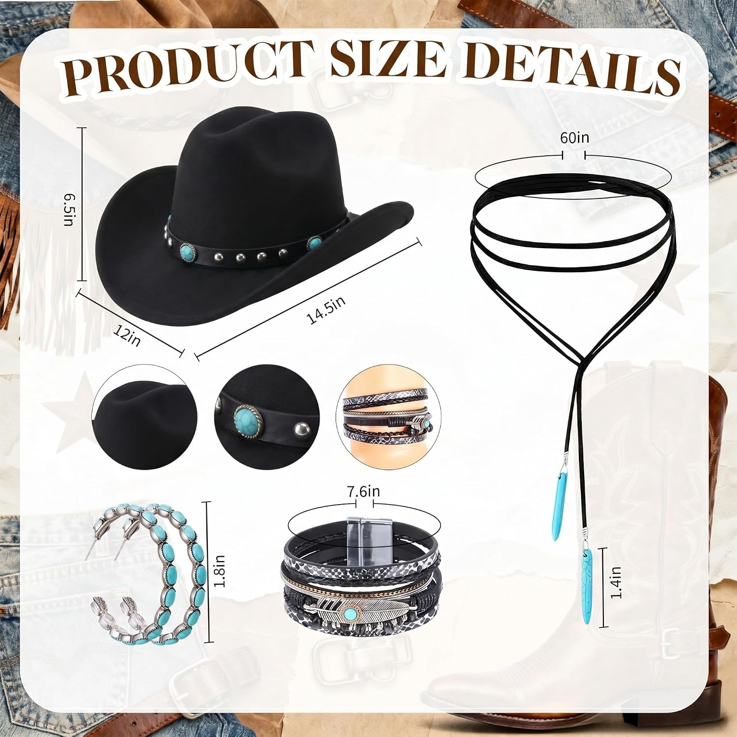 Cutecrop 5 Pcs Boho Jewelry Western Hat Set Cowboy Hat Western Belt Boho Pendant Choker Layered Bracelet Dangle Earrings