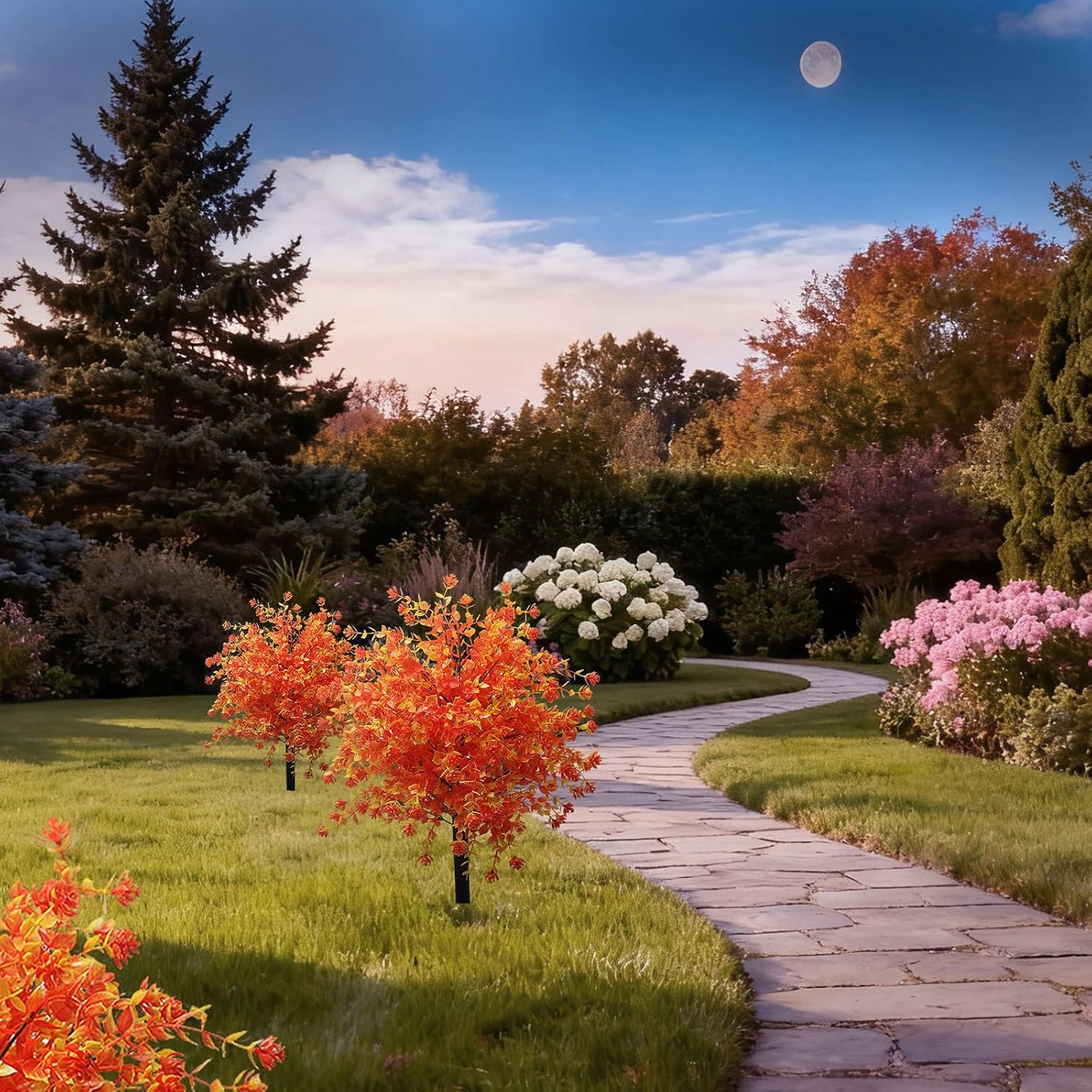 2 Pack Artificial Plants for Outdoor, UV Resistant Fake Shrubs with Ground Stakes for Fall Porch Decor, Autumn Home Garden Patio Decorations, Artificial Outdoor Flowers Decor (Sunset Red)