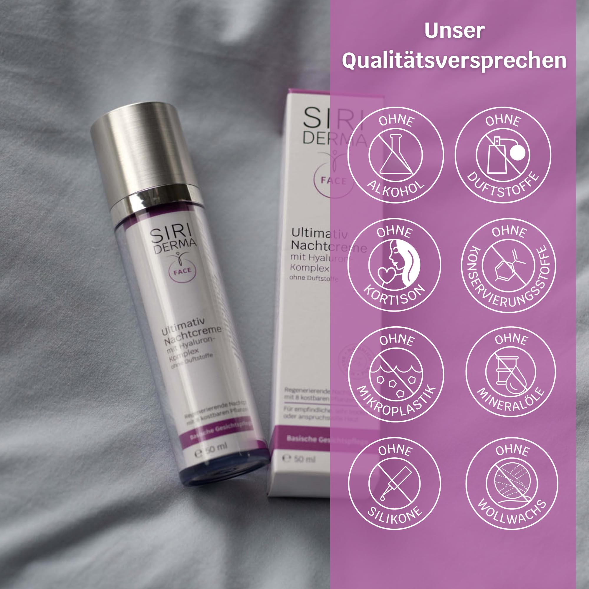 SIRIDERMA Ultimativ Nachtcreme | Basische Anti-Aging Gesichtscreme | Hyaluron und 8 Pflanzenöle | Vegan (ohne Parfum, 50 ml)