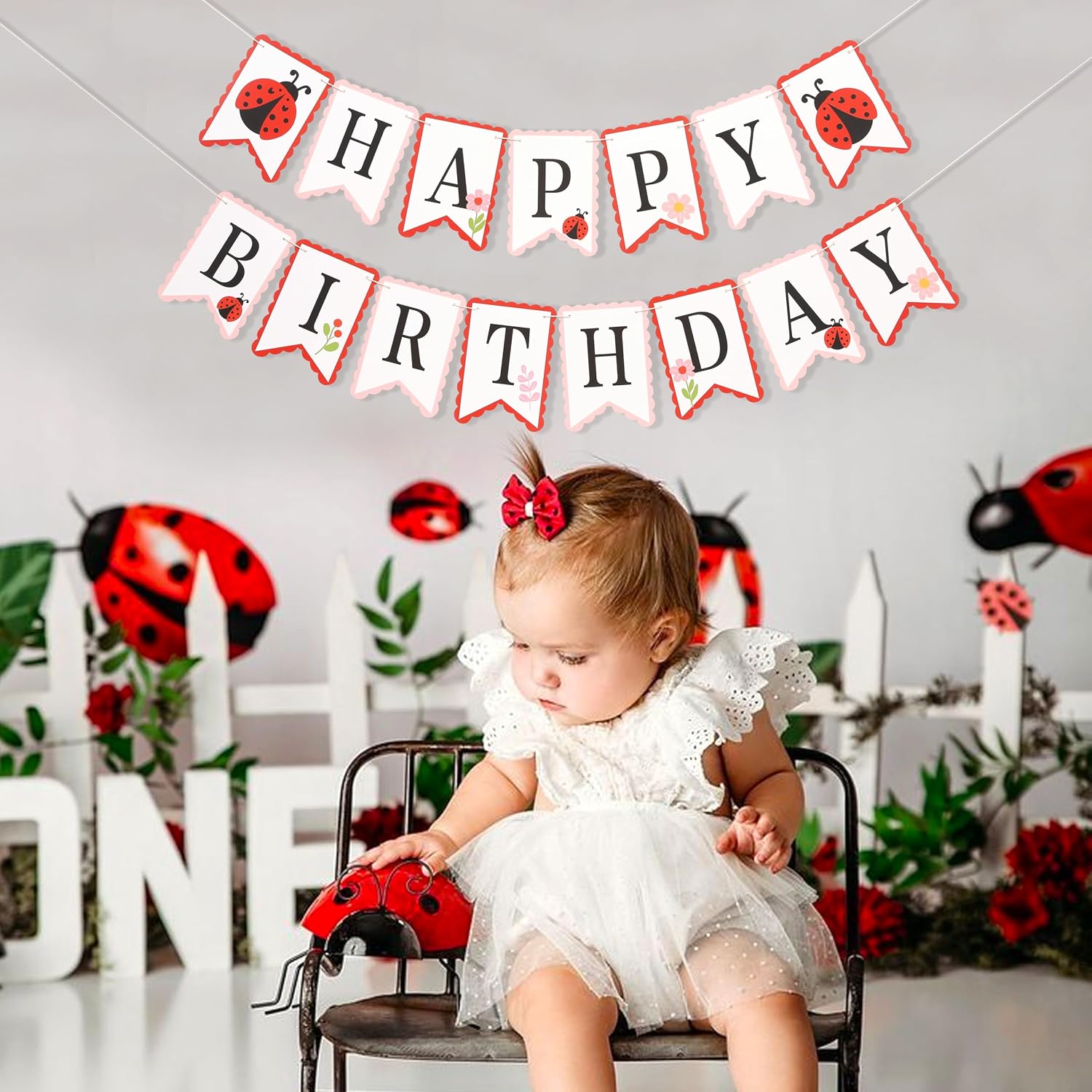 Ladybug Happy Birthday Banner - Cute Ladybird Party Decorations, Ladybug Theme Hanging Flags for Baby Showers, Kids Room Decor, Outdoor Garden Party Supplies image 5