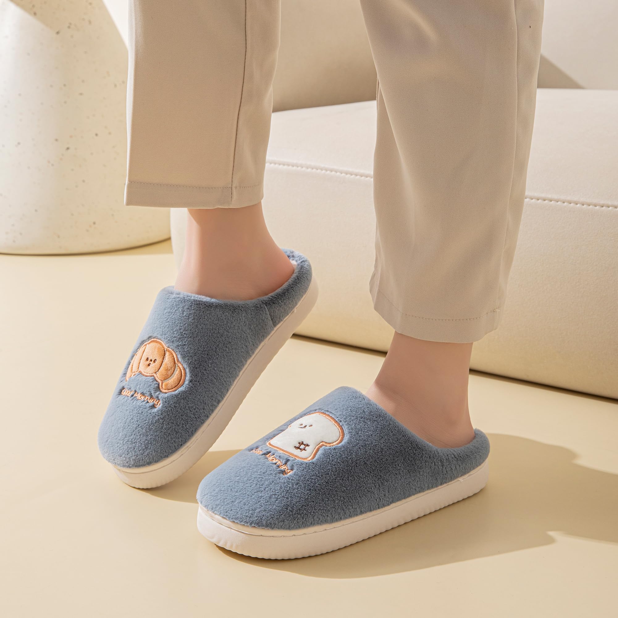 JOMIX Pantofole Donna Invernali con Ricamo Pane e Brioche Ciabatte Pelose Calde da Casa Morbide in Tessuto Suola Antiscivolo TPR