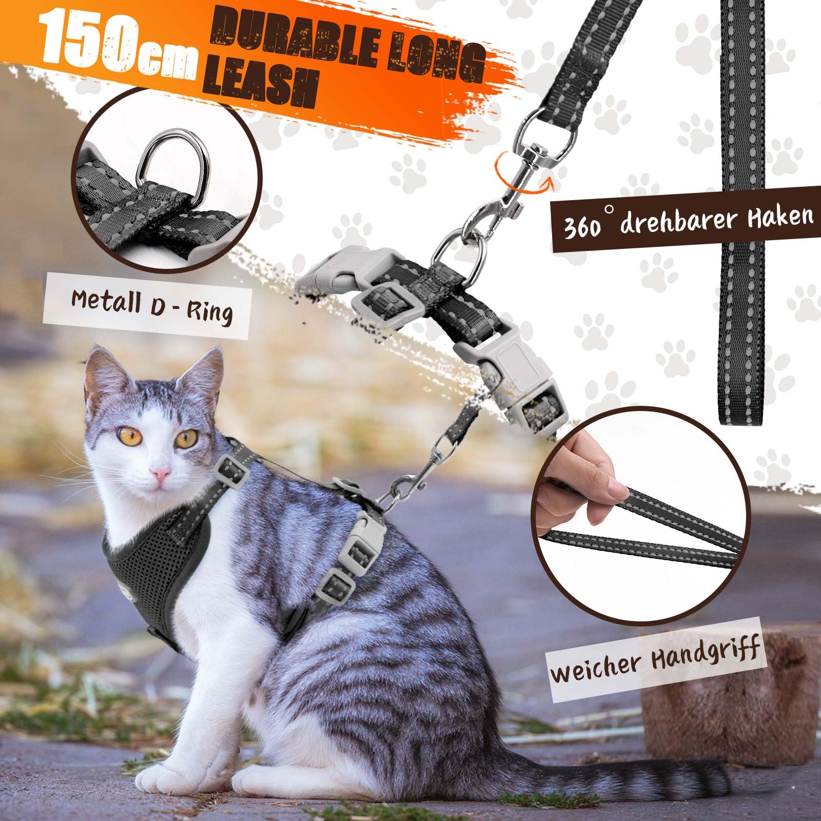 Katzengeschirr Mit Leine – Ausbruchsicher, Verstellbar, Weiches Netzgewebe, Reflektierend