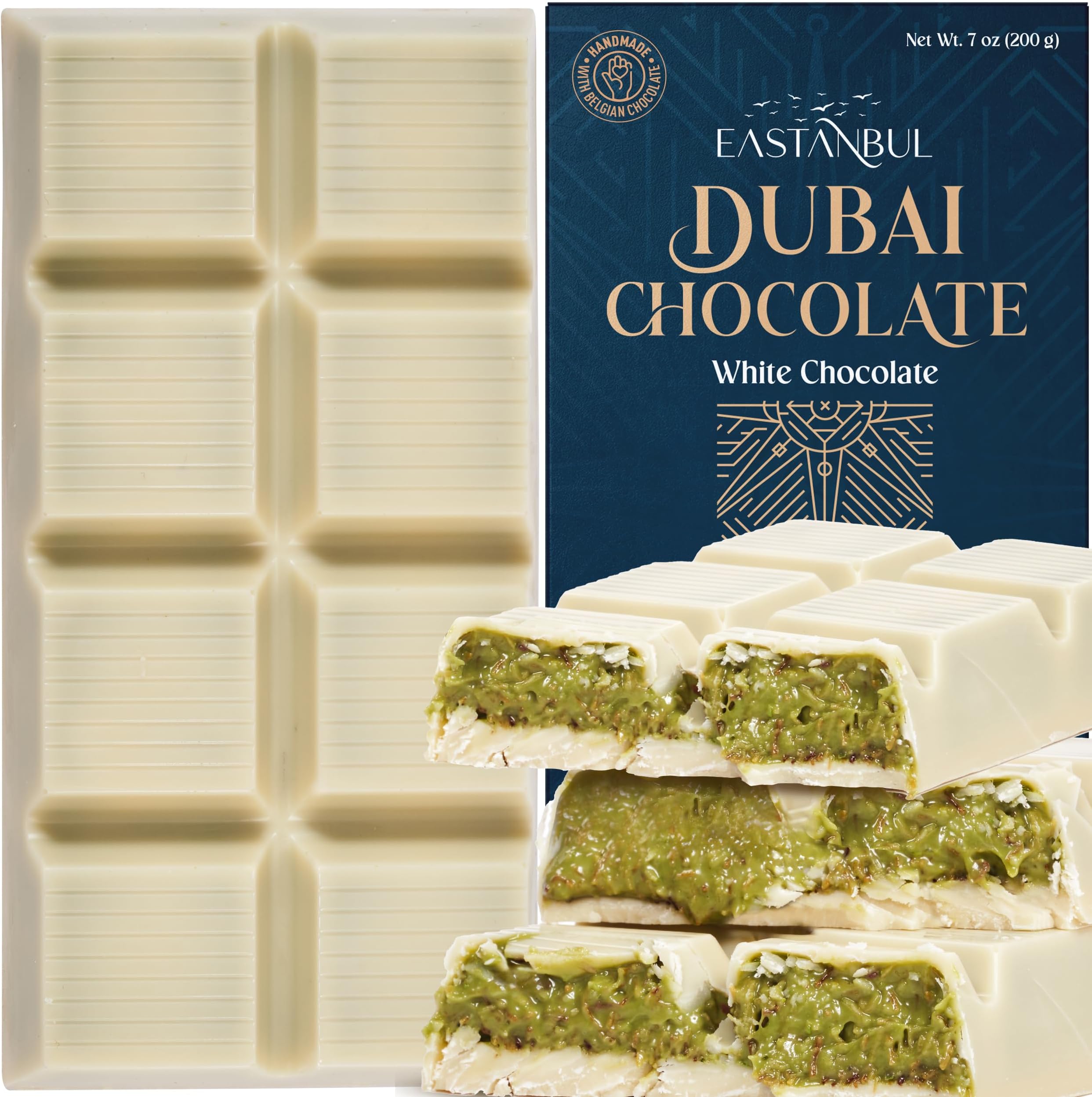 Eastanbul Dubai Chocolate Bar Pistachio, 7oz, Premium Belgium Chocolate, Pistachio Dubai White Bar, Viral Candy with Shredded Phyllo Dough, Knafeh, Gift Box
