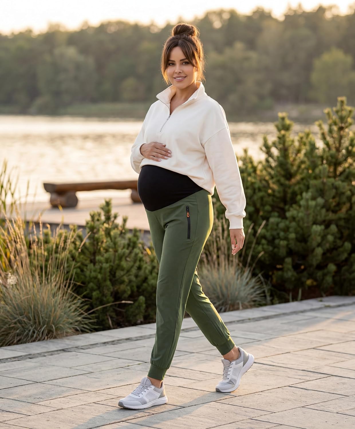Maternity Joggers Over Belly Scrub Pants | Quick-dry Fabric, High Waisted, Tapered Legs, Zipper Pockets, Pregnancy Sweatpants