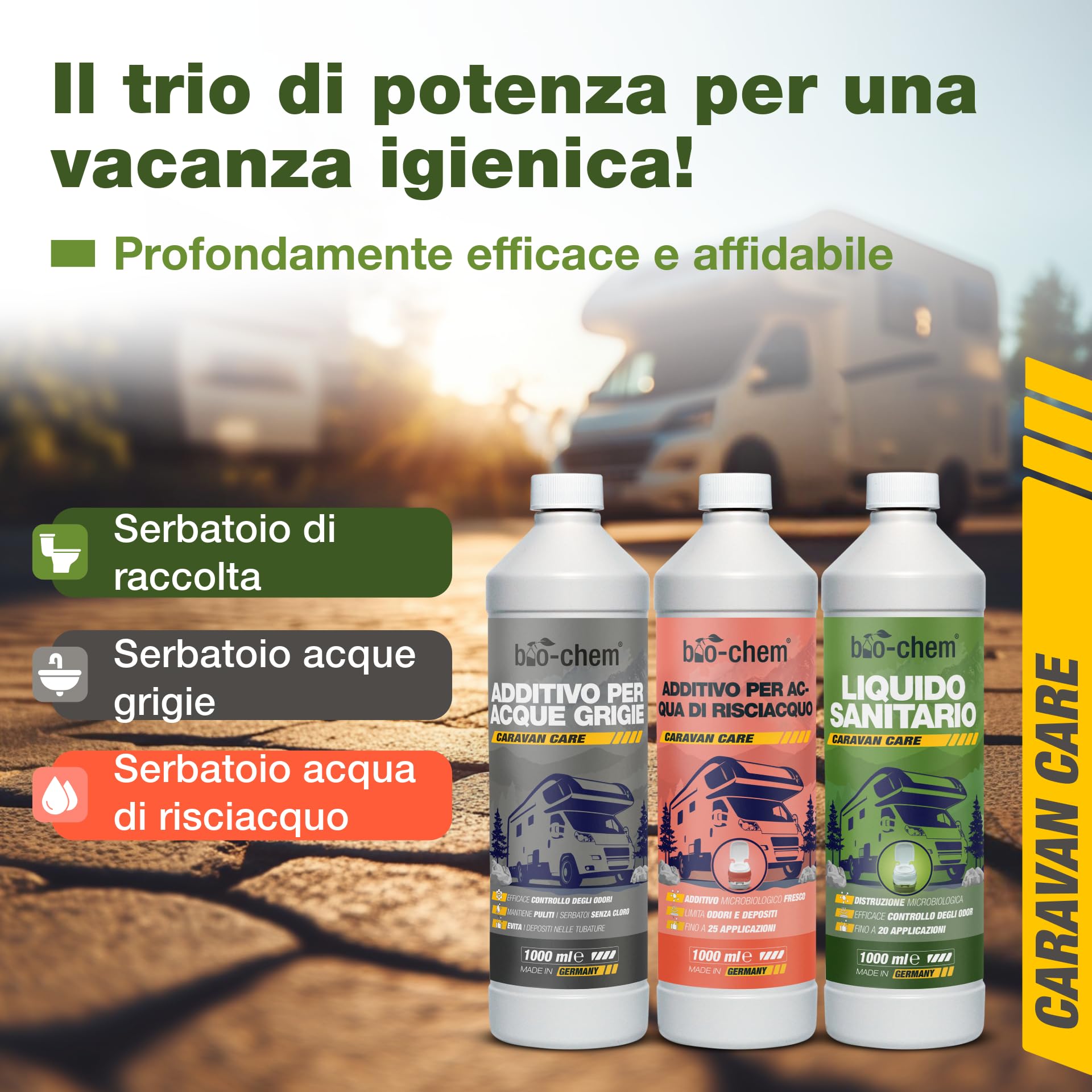 bio-chem - Set di Prodotti detergenti per WC di Camper e roulotte - Liquido Sanitario 1L e Additivo Sanitario 1L - Nuova Formula con microrganismi per WC chimici da roulotte