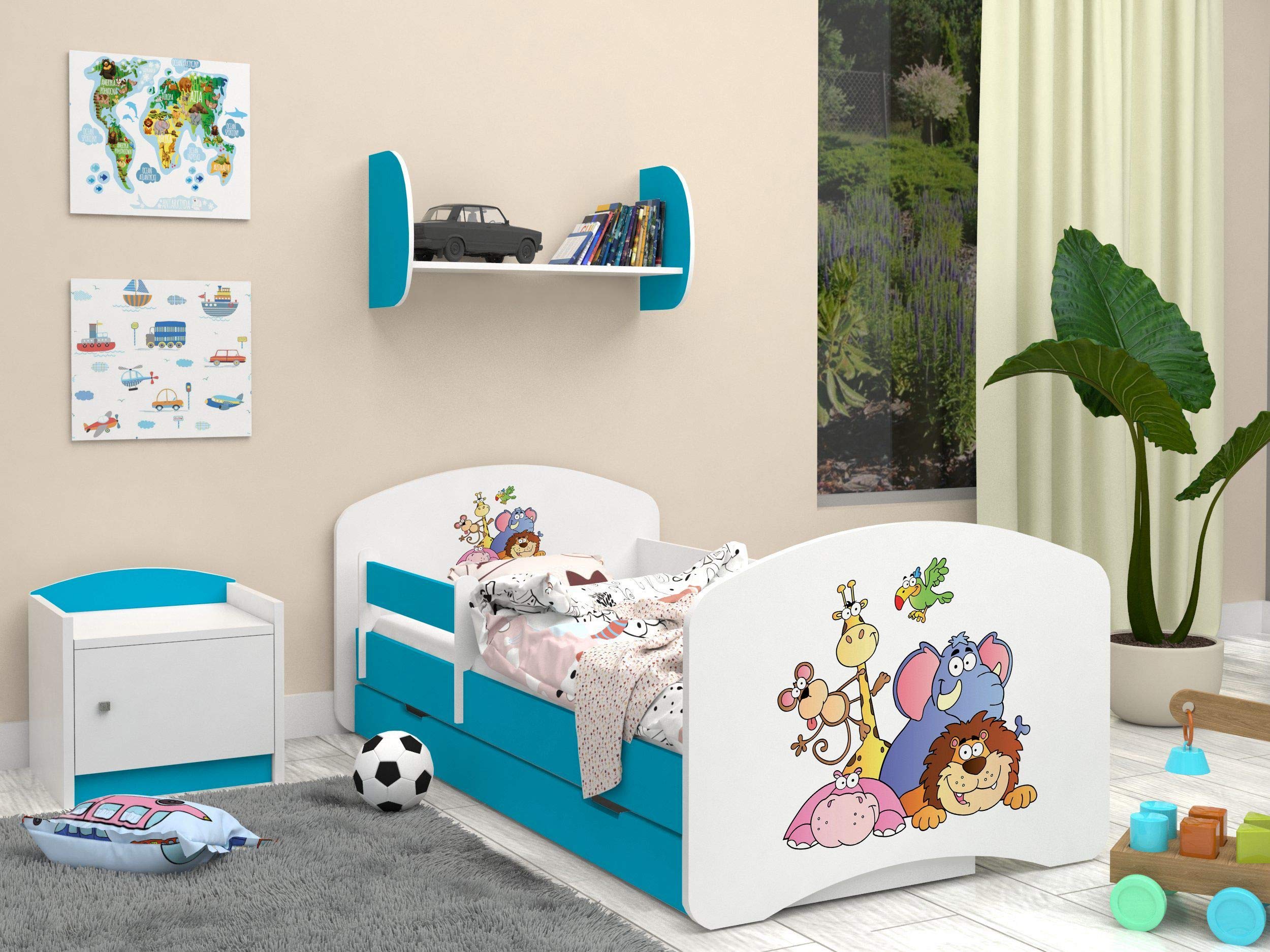 HappyBabies - Dwustronne łóżko dziecięce z szufladą, nowoczesne wzornictwo, z bezpiecznymi krawędziami i zabezpieczeniem przed upadkiem, materac piankowy 7 cm, niebieski (Safari, 180 x 90)