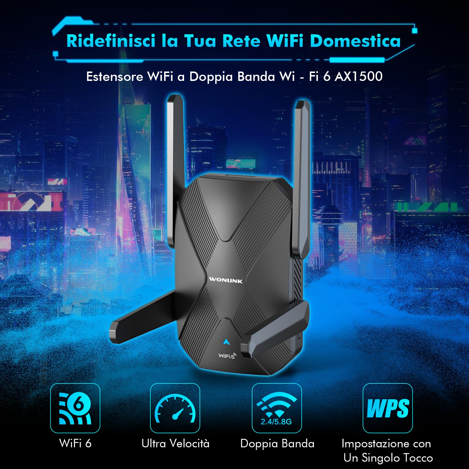 Ripetitore WiFi 6 AX1500Mbps Dual Band, Amplificatore Segnale WiFi con 4 Antenne, Porta LAN/WAN, WPS, MU-MIMO, WPA3, Modalità Ripetitore/Router/AP, Indicatore di Segnale, per Casa e Ufficio