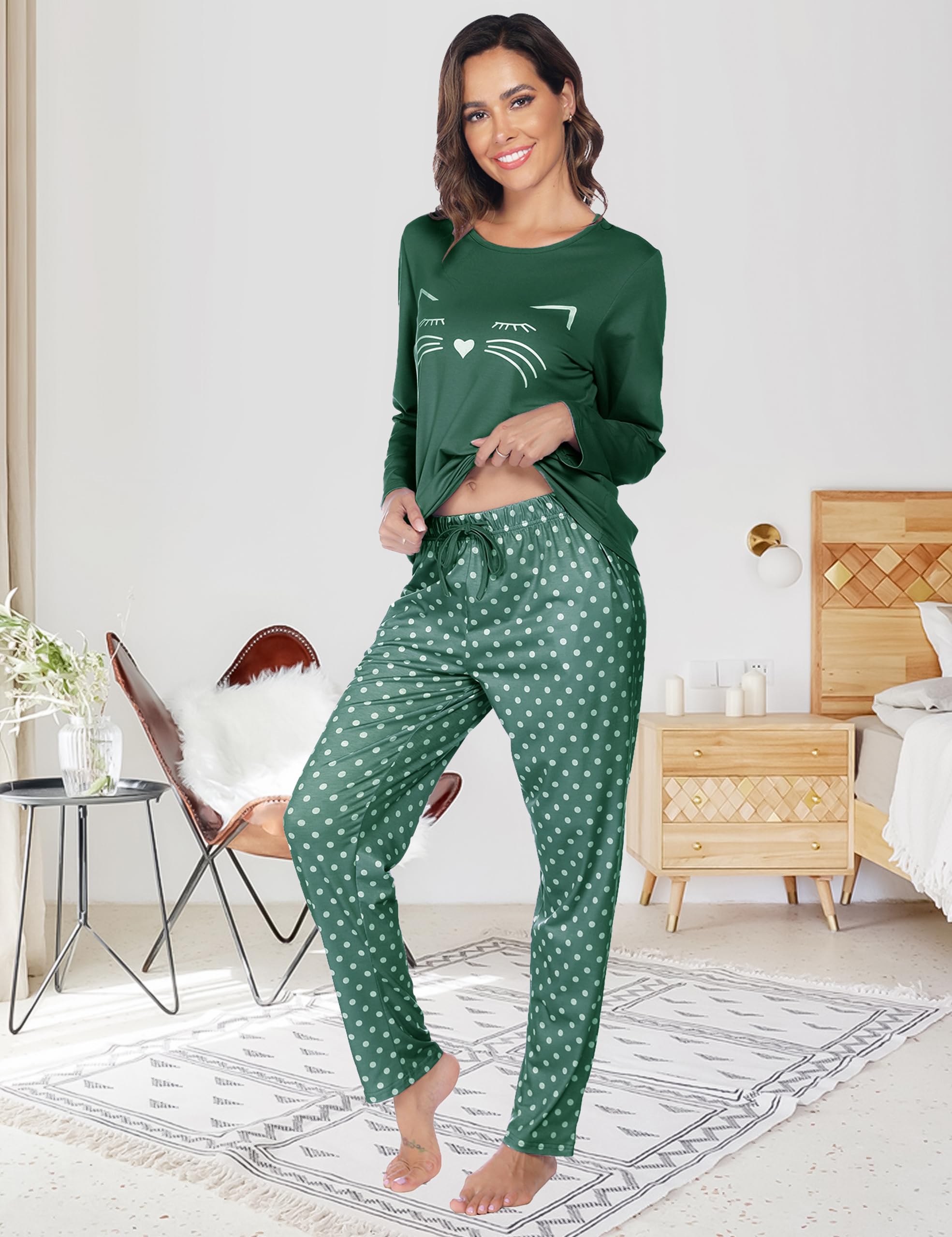 BigKing Pyjama À Motifs De Chat À Manches Longues, Femmes Vêtements De Maison De Pyjama Mignon À Pois Chat pour Loisirs À La Maison