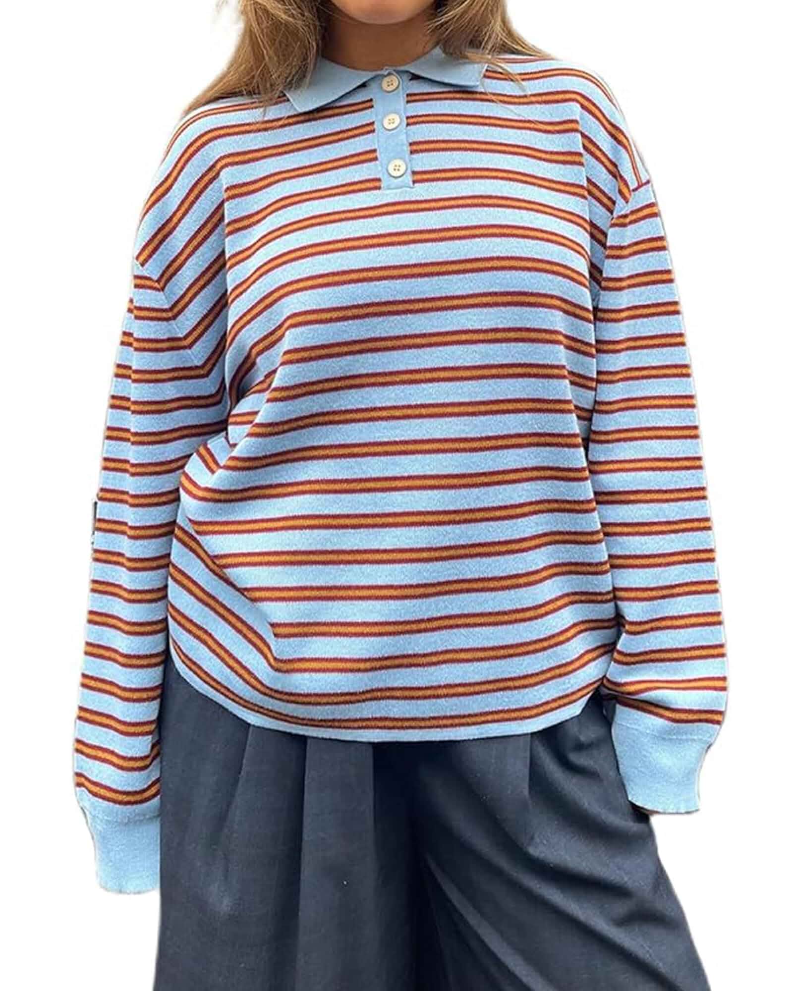 Women Striped Rugby Shirts Oversized Long Sleeve Collared Preppy Polo Sweater Vintage Aesthetic Knitted Shirts Striped