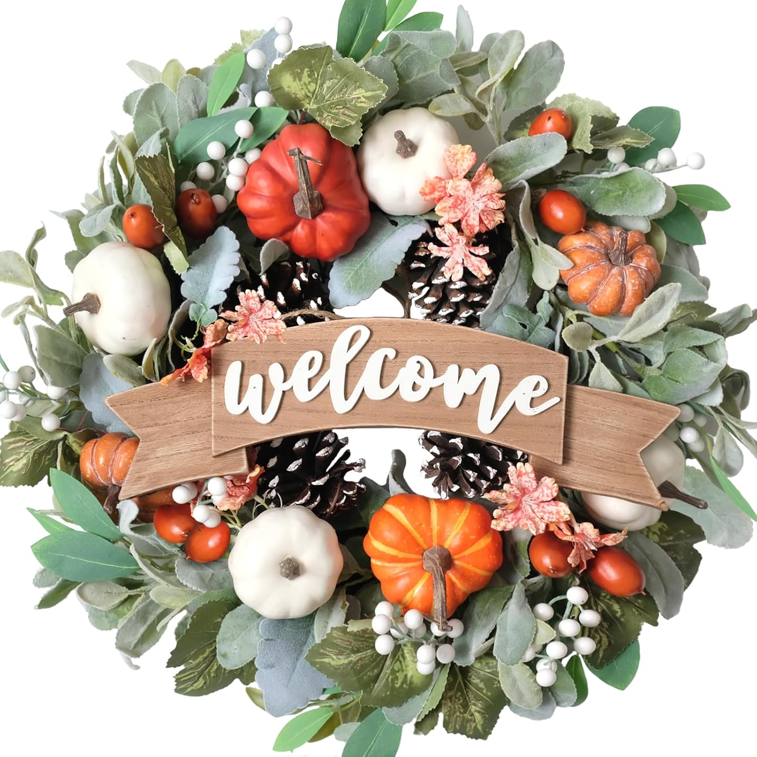 Amazon.com: 22 Inch Fall Pumpkin Wreath for Front Door with Welcome ...