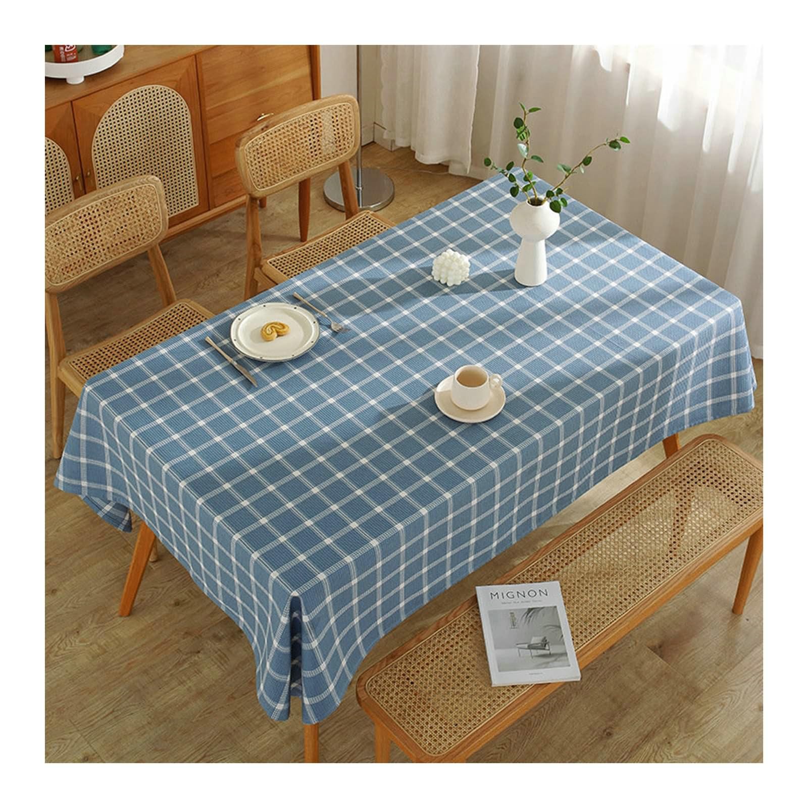 Tischdecke 140x220 Blau, Tischdecke Abwaschbar Küche Rechteckig Baumwolle Leinen Waffel Muster Tischdecke für Küche,Esszimmer,Tischdekoration