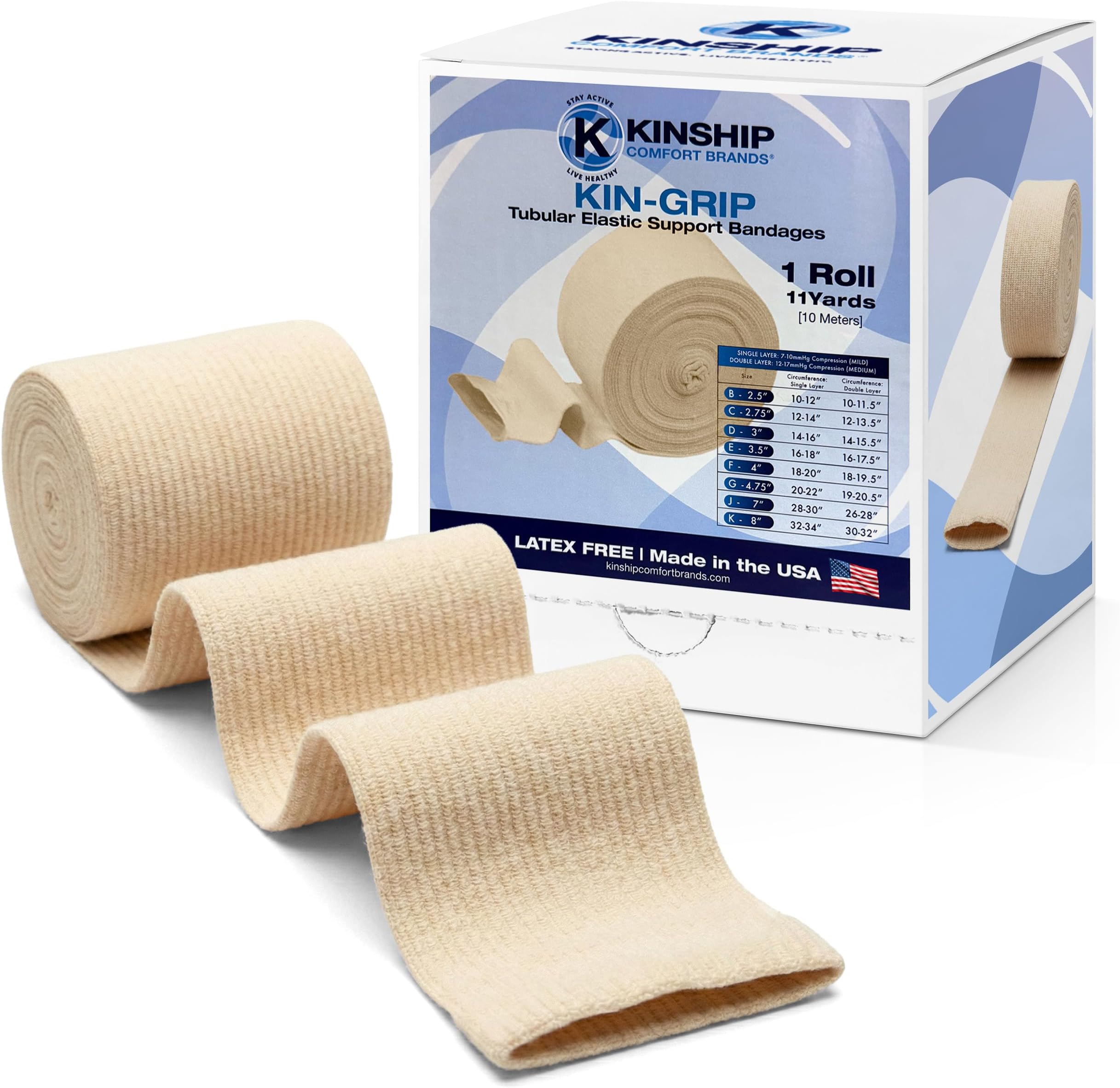 KinGrip Tubular Elastic Support Bandages by Kinship Comfort Brands Tubular Bandage Protects Fragile Skin Latex-Free Wound Care for Edema and Lymphedema Support | Made in USA | Size C 2.75”x11 Yards