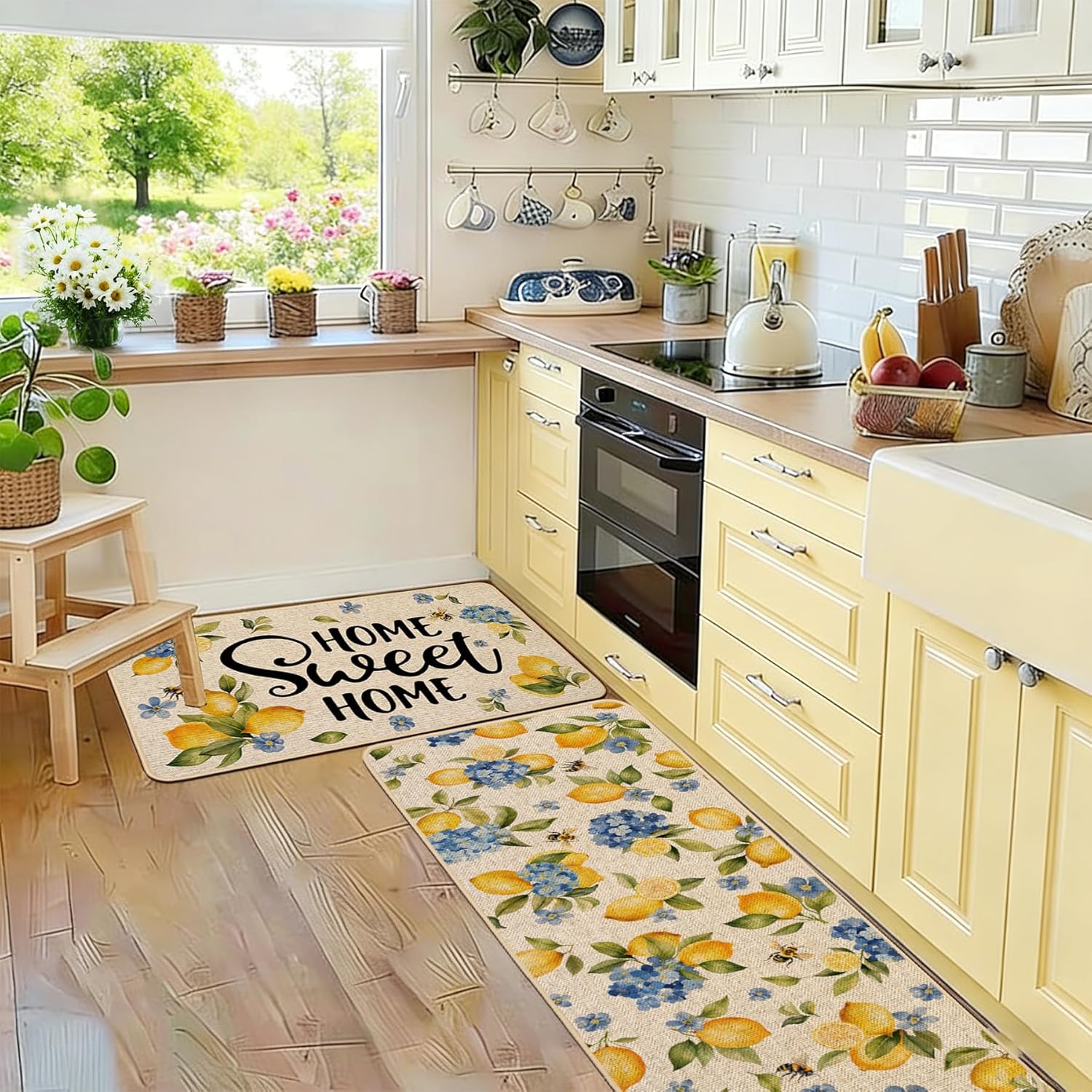 Baccessor Lemon Kitchen Rugs Set of 2, Hydrangea Floral Flowers Kitchen Mats for Spring Summer Floor Hallway Laundry Sink Low-Profile Home Decoration 17x29 and 17x47 Inch