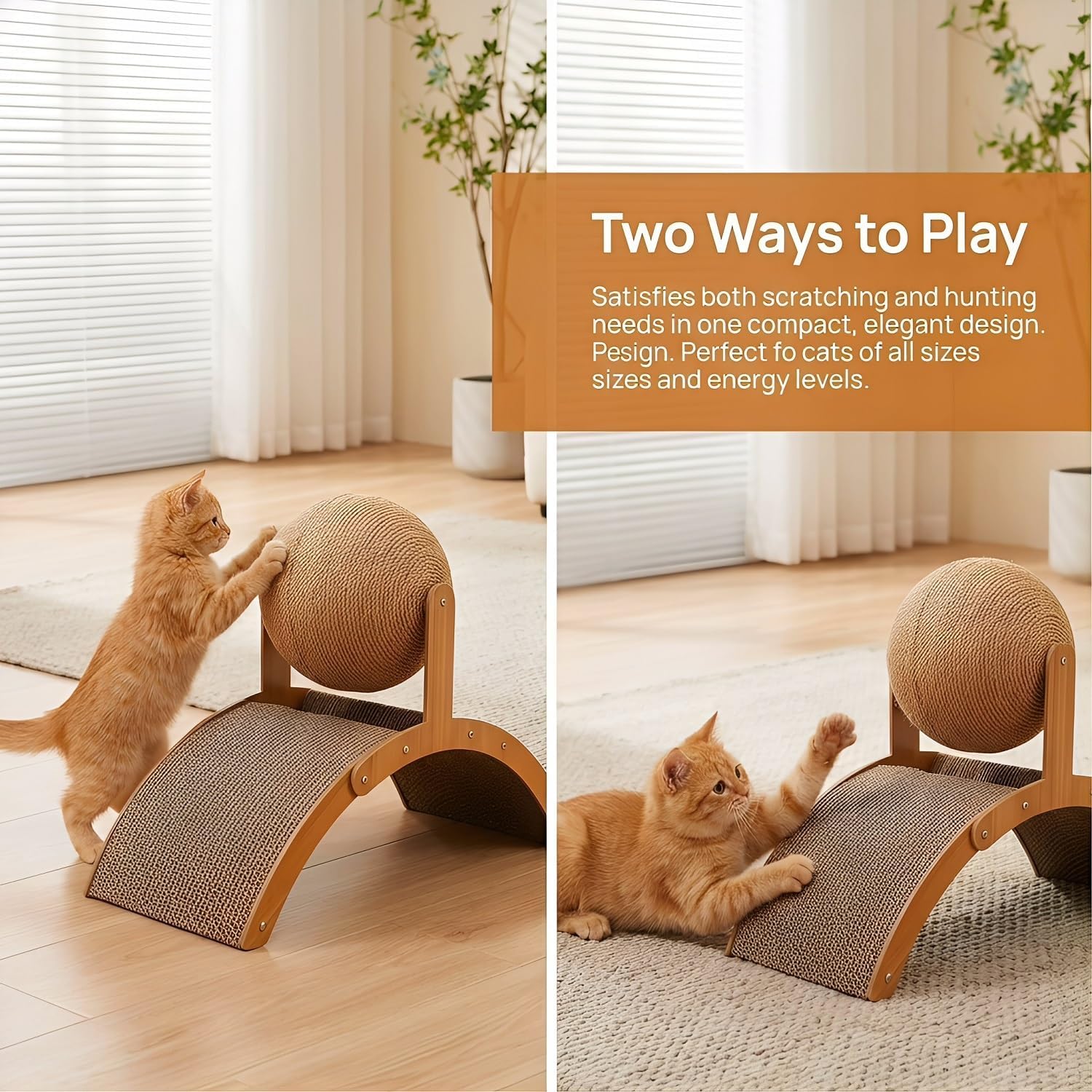 Cat Scratching Ball on Stand, Solid Wood Interactive Cat Scratcher with 360° Rotating Natural Sisal Ball, Cat Scratching Post with Arch Bridge Balls for Indoor Cats & Kittens (L)