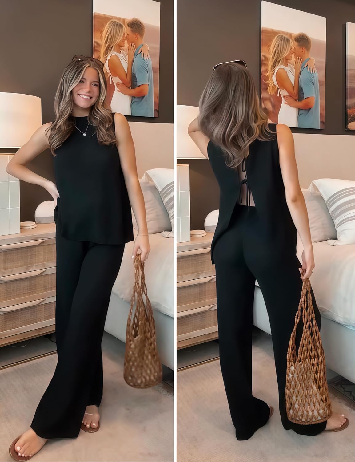 PUWEI Women's 2 Piece Lounge Set Bow Sweater Vest Wide Leg Pants Summer Matching Sets Travel Outfits Knit Tracksuit Sweatsuit - Image 3