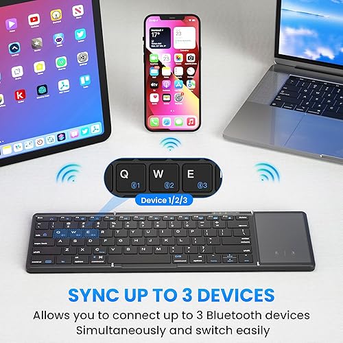 Miniatura 10 de Teclado Bluetooth plegable, sincroniza hasta 3 dispositivos con teclado numérico, teclado portátil recargable de viaje para Windows, iOS, Android,