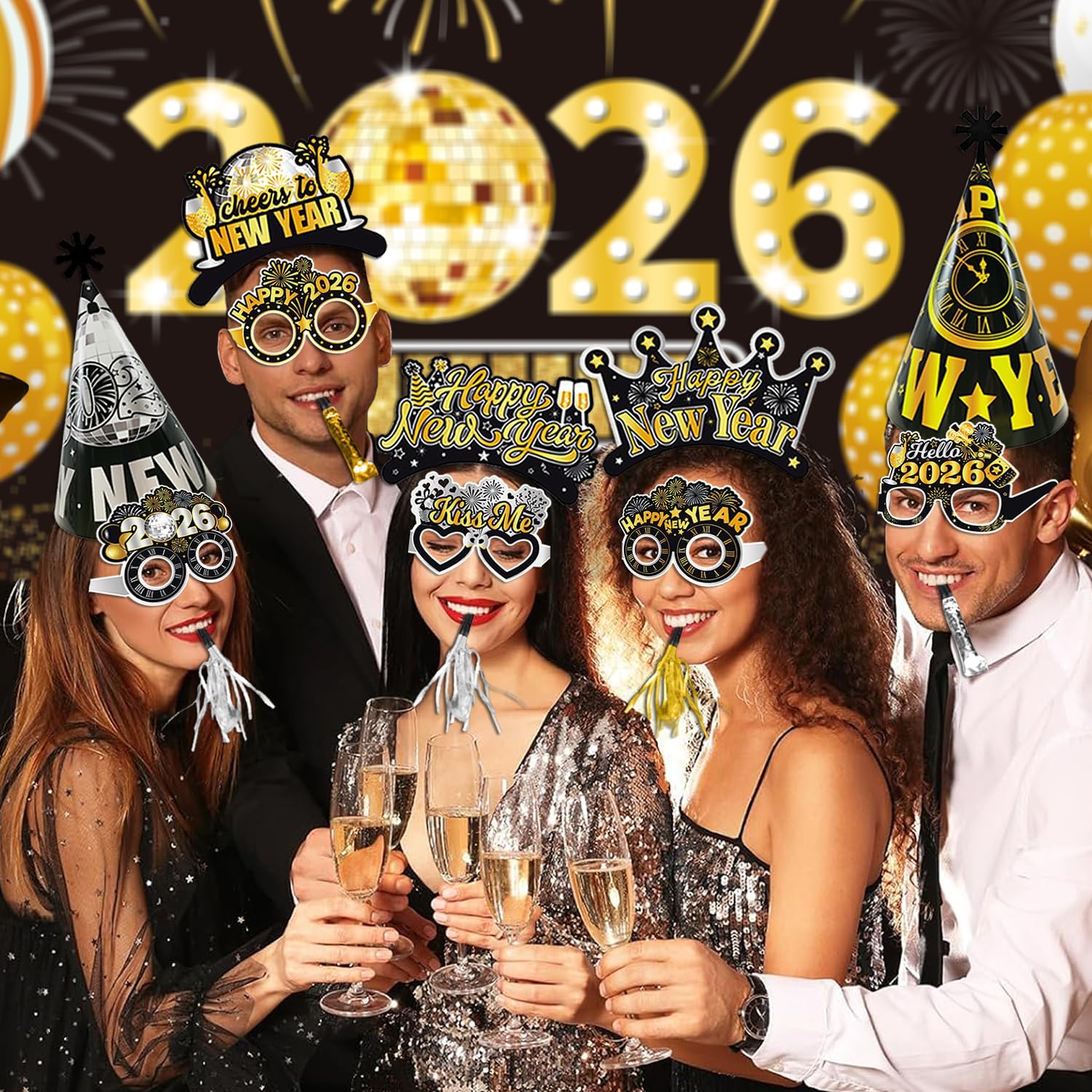 New Years Eve Party Supplies 2026, 42pcs Happy New Year Party Favors Set- New Years Paper Hats, 2026 New Year Headband, Eyeglasses, Blowouts for New Year's Eve Party - Image 4