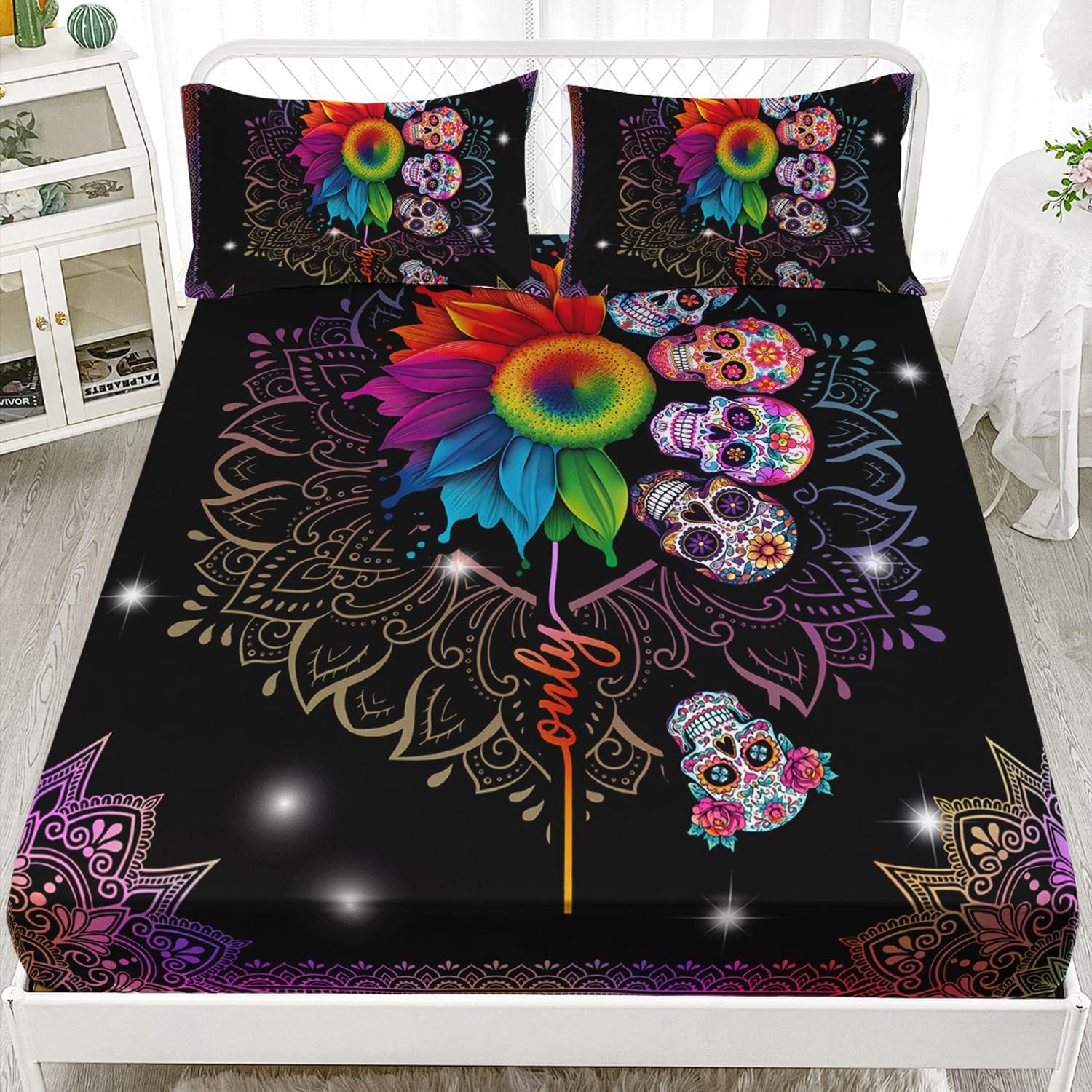 Juego Sabanas 160X200 Cráneo De Girasol Bedding Juego De Sabanas 3 Piezas - Poliéster Microfibra Cepillada Funda Colchon - Hipoalergenica Juego De Sabanas - 2 Fundas De Almohada