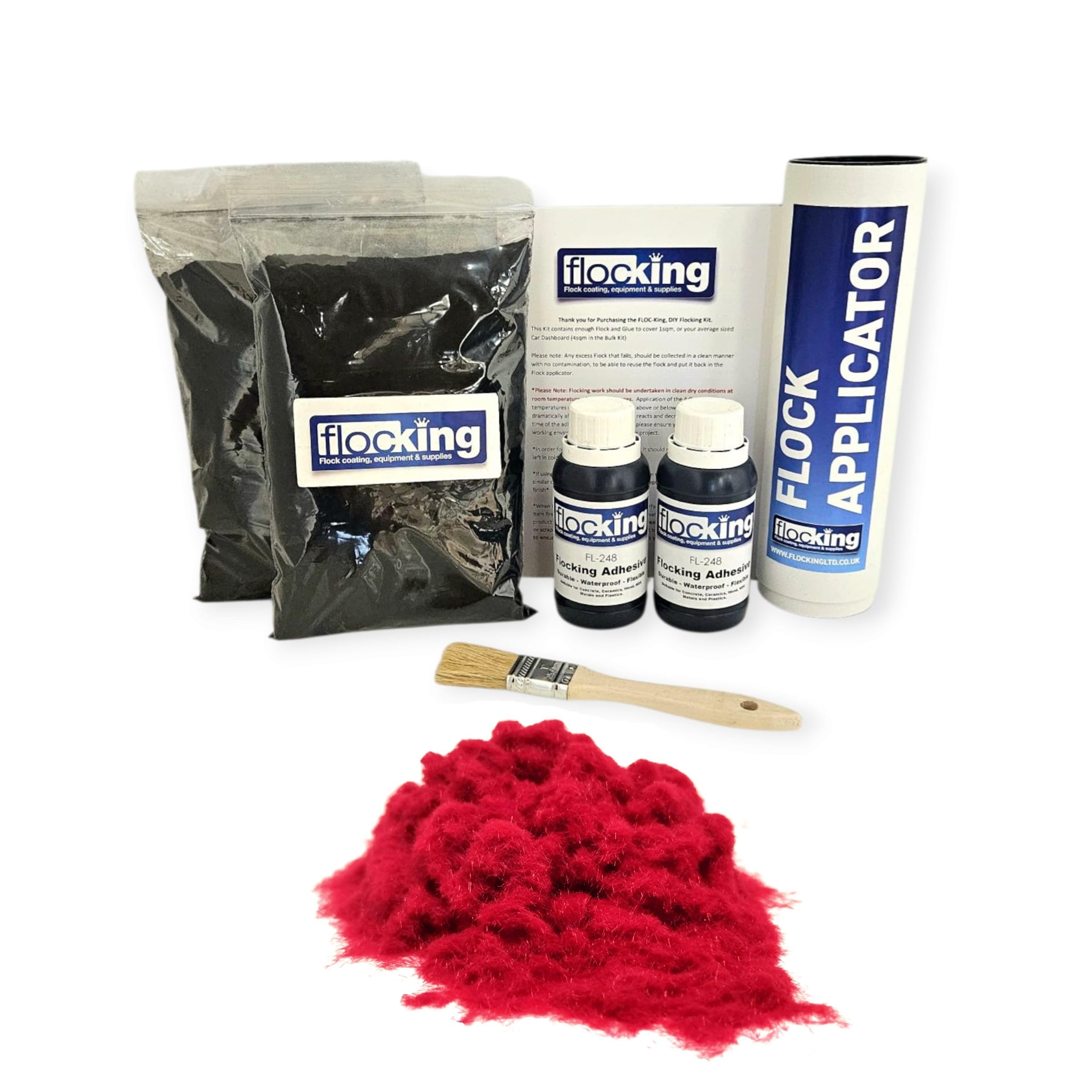 FLOC-KING Professional Twin Flocking Kit (Chilli Red) – 2sqm Coverage – DIY Dash Flocking Fibres & High-Strength Specialised Adhesive for Car Interior Restoration, Dashboards & Crafts — image 1