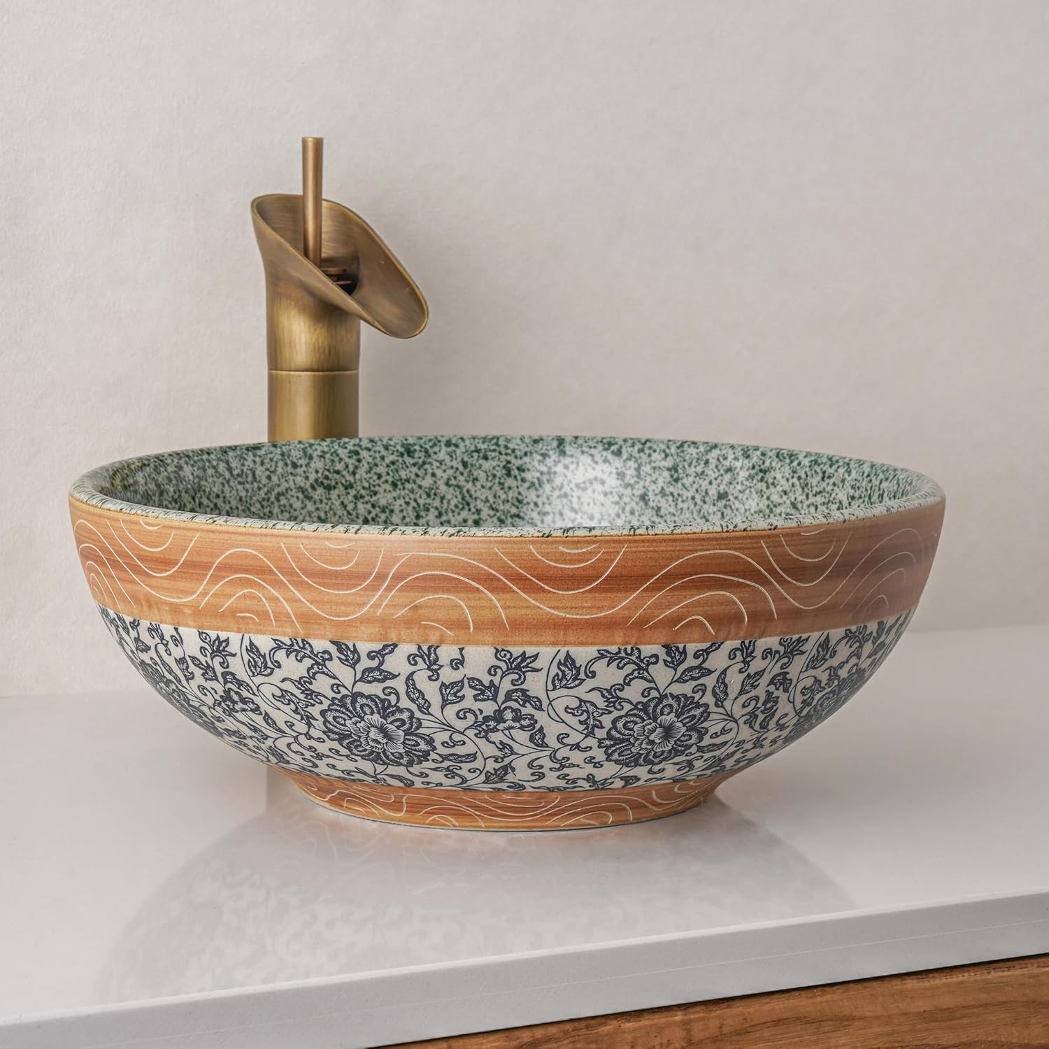 Ceramic Vessel Bathroom Sink Blue Color Rounded Shape Jingdezhen Sinks Above Counter Art Wash Basin For Bar And Cloakroom (Vintage blue) (Celadon and Brown)