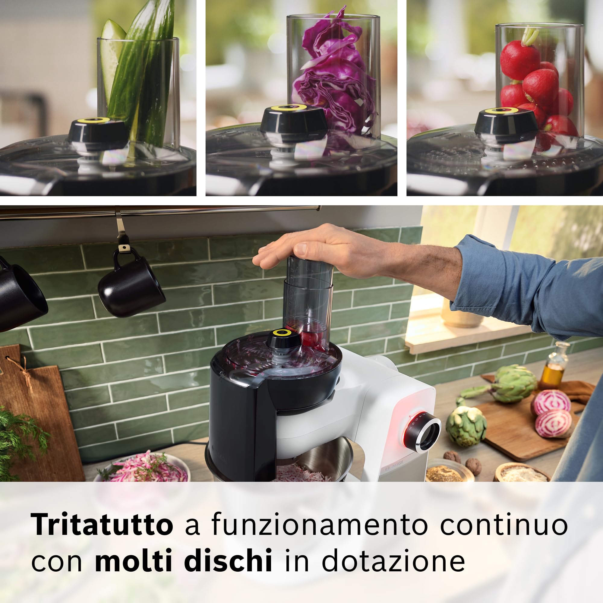 Bosch Serie 6 Planetaria MUMS6EW22, Potente Motore da 1600 W, Ciotola XXL da 5.5 L in Acciaio Inox, Frusta e Ganci, Dischi Vari, Frullatore, Accessori Inclusi Lavabili in Lavastoviglie, Bianco