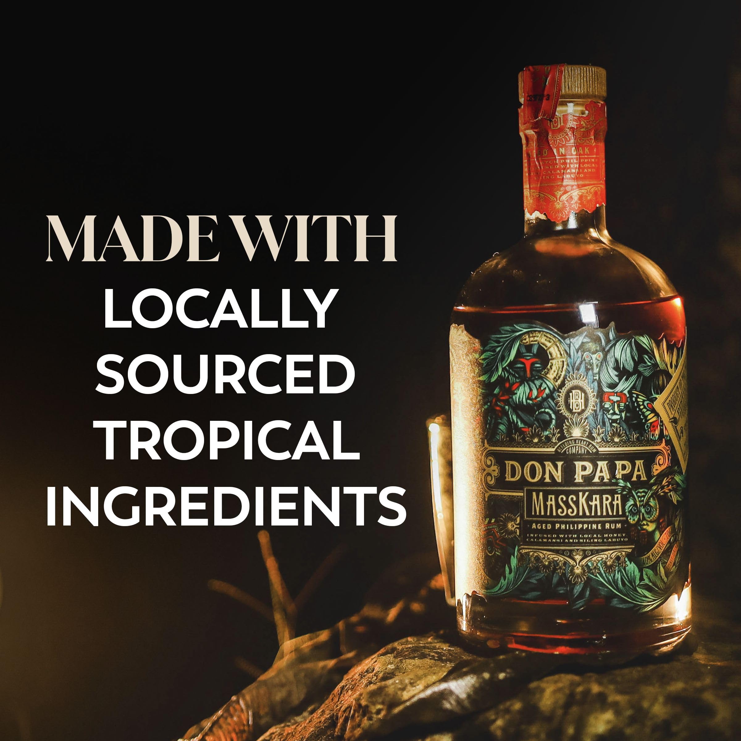 Don Papa Masskara, 700 ml, alc. 40% vol., ron especiado, destilado en Sugarlandia, Filipinas, edición de lujo e idóneo para cócteles