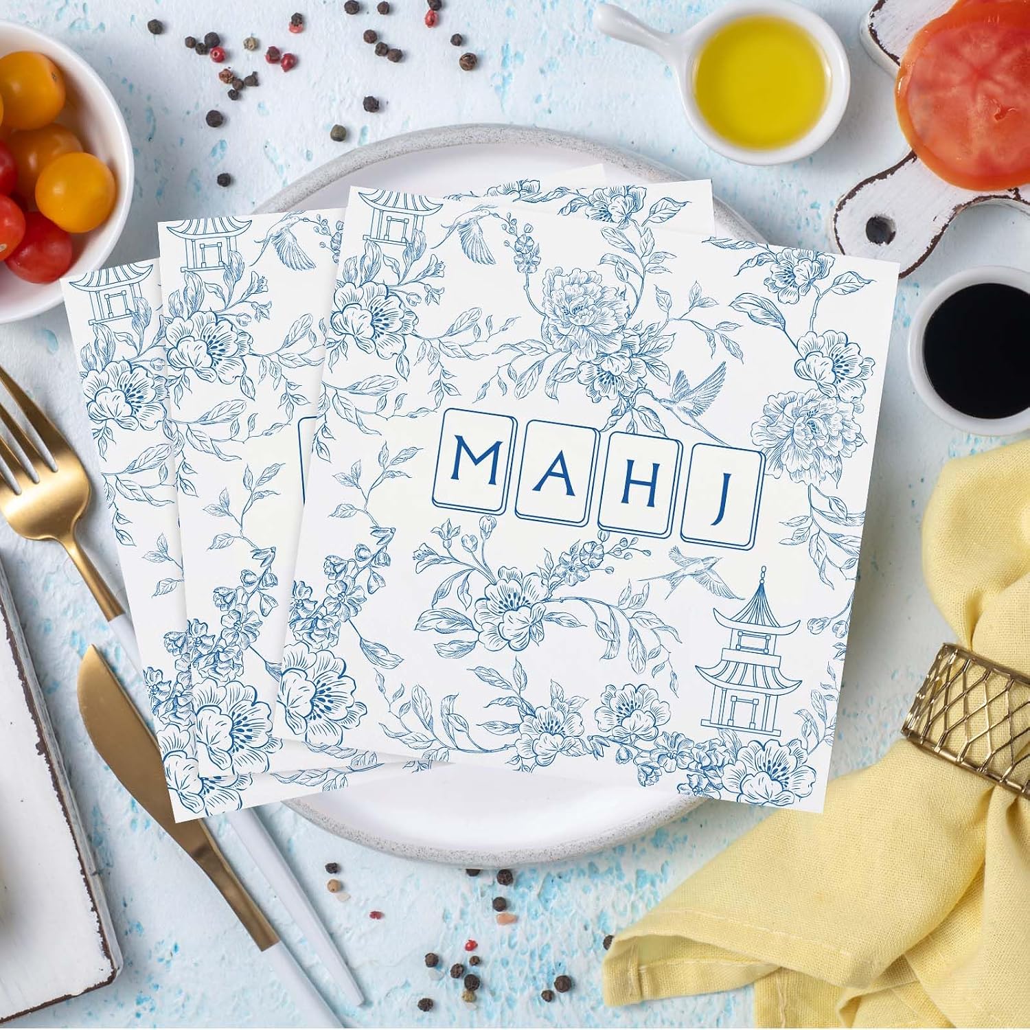 Feifeiya 100 Pack Mahjong Cocktail Napkins 5 x 5 Inch Disposable Paper Drink Napkins, Party Supplies for Game Night, Bridal Shower, Birthday Decor(Chinoiserie)