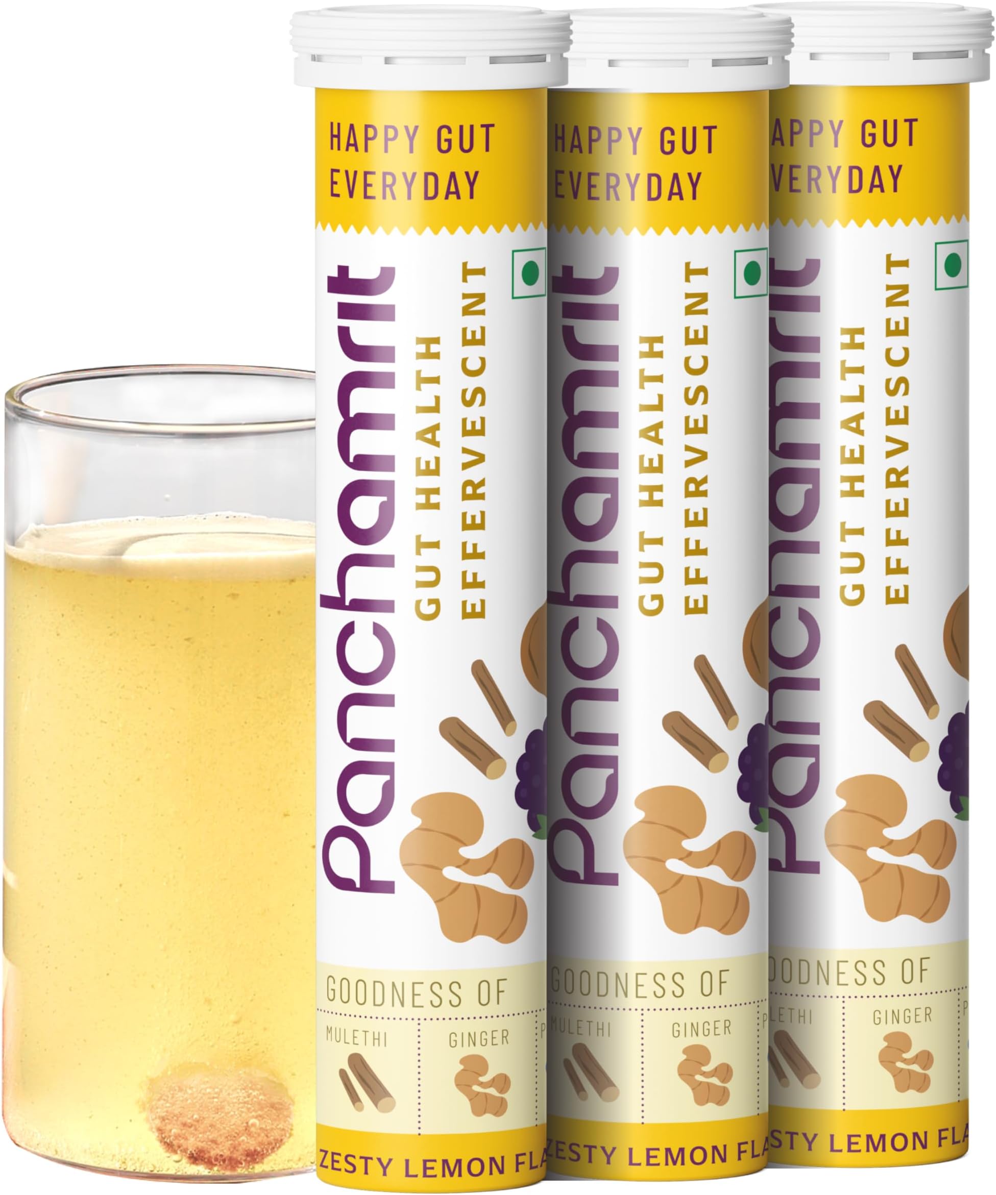 Panchamrit Gut Health Effervescent|Helps Reduces Bloating & Acidity,Constipation,Improves Digestion,Colon Cleanse| With Ayurvedic Herbs Mulethi & Ginger| 1Billion CFU Probiotics|20 Tablets (Pack Of 3
