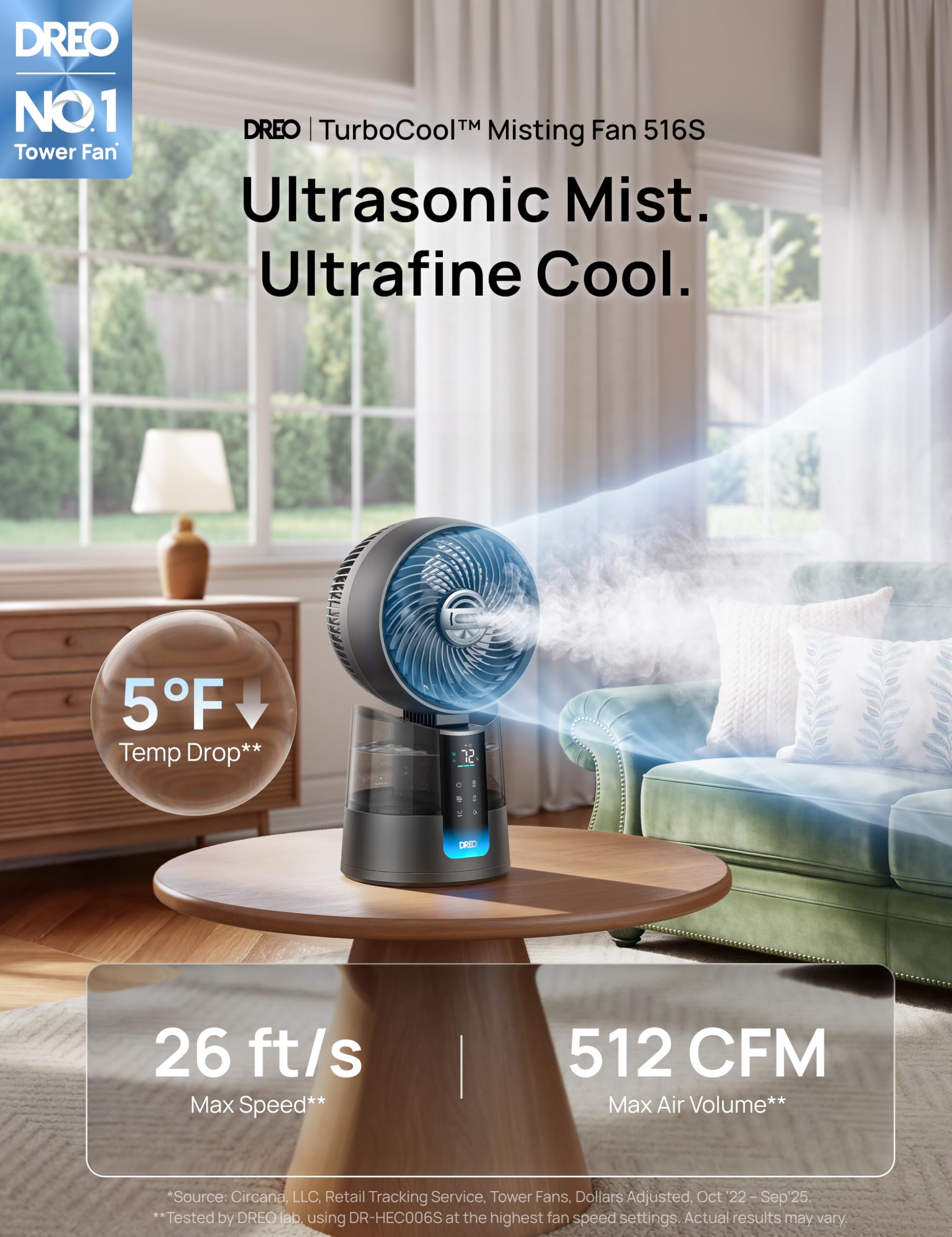 Dreo TurboCool Ventilador 516S, ventilador mesa oscilación 150° + 30°, enfriador evaporativo 7,9 m/s, niebla ultrafina, silencioso 20 dB, 6 velocidades, 2 modos, control app + mando.