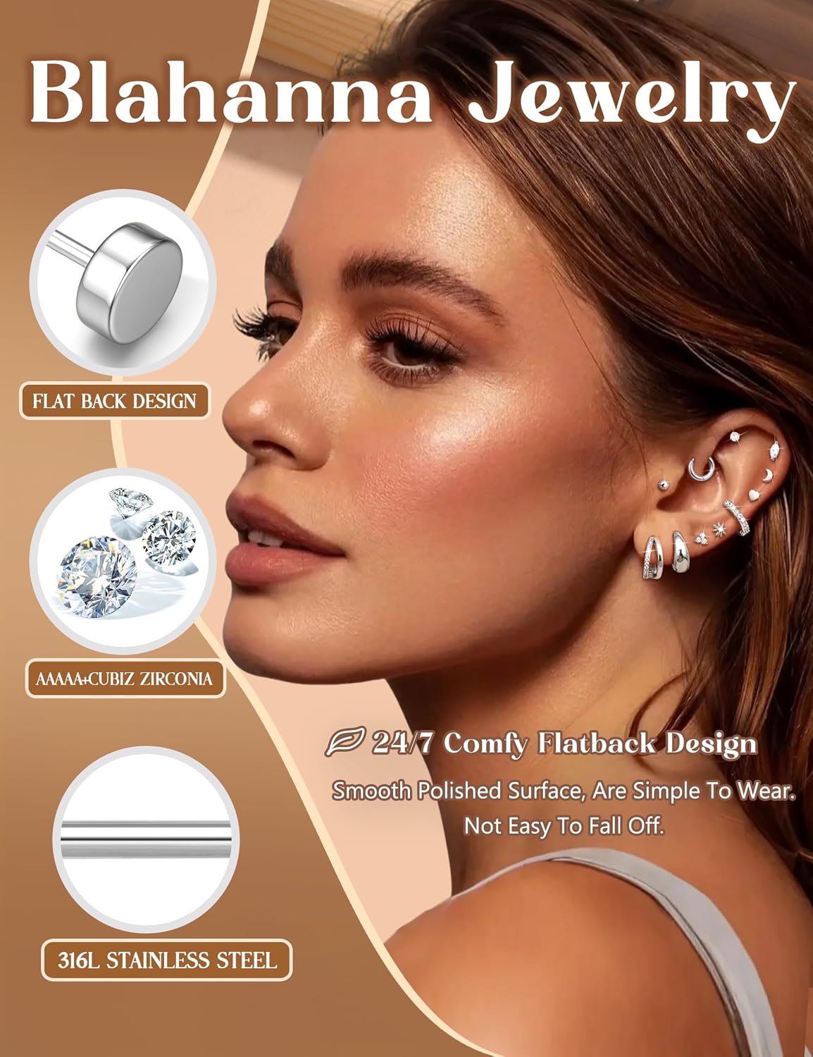 Hypoallergenic 14K Gold Plated Surgical Stainless Steel 20G Flat Back Earrings, Small Cartilage Hoops Huggie and Flatback Stud Set for Women Trendy, Helix Piercing Jewelry Gift for Multiple Piercings
