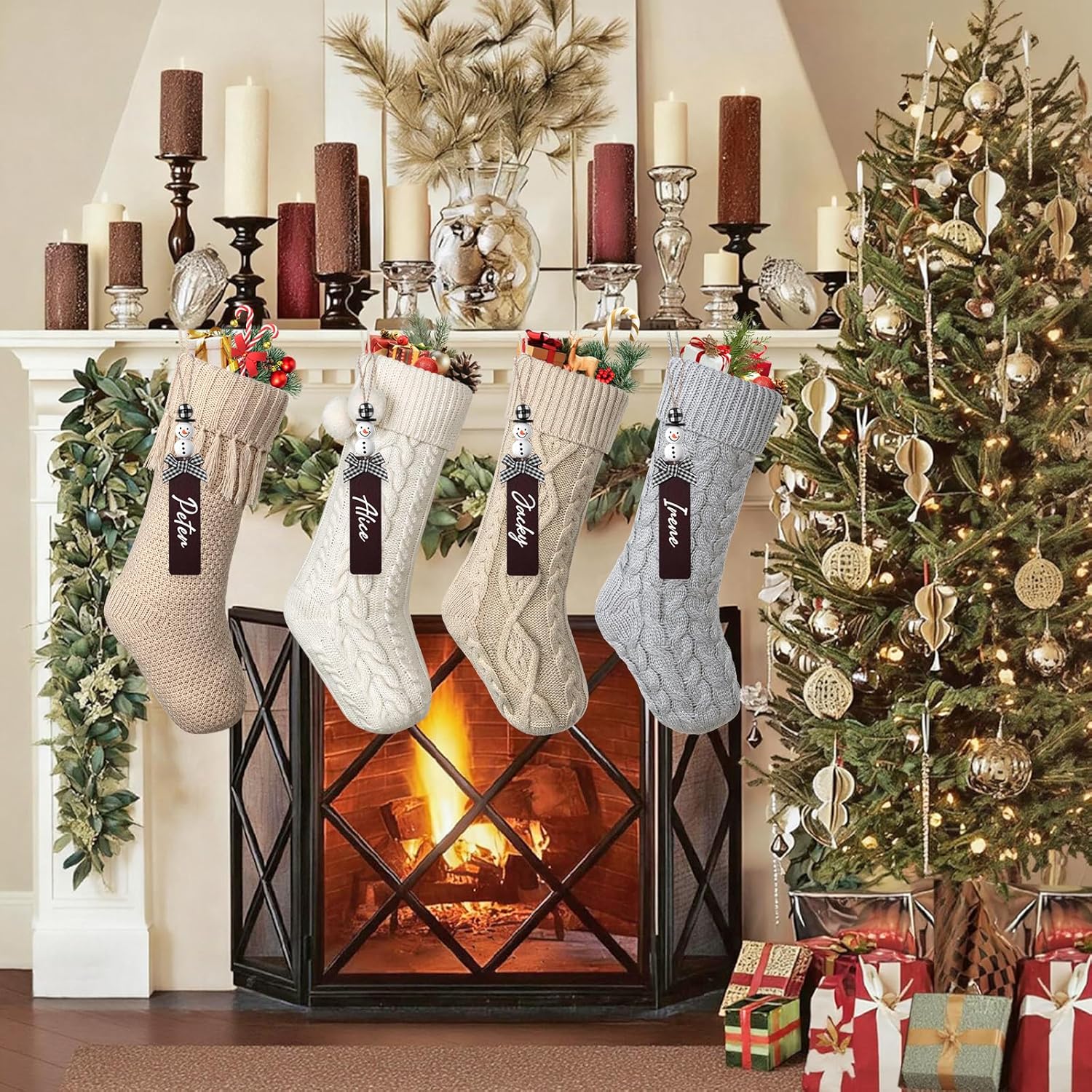 Dremisland Knitted Personalized Christmas Stockings 4 Pack 18 Inch White Khaki Neutral Christmas Stockings with Wooden Names Tags Hanging Xmas Stocking Decorations for Holiday Party Family