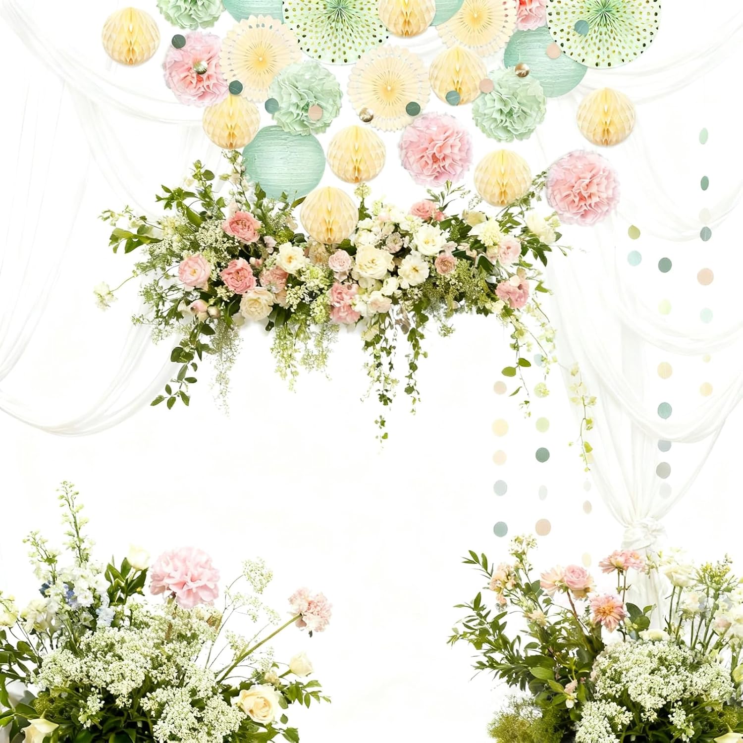 Avxzbef Sage Green and Pink Party Decorations Paper Fans Lanterns Paper Flower Balls Banners for Baby Shower Birthday Wedding Engagement Party - Image 4