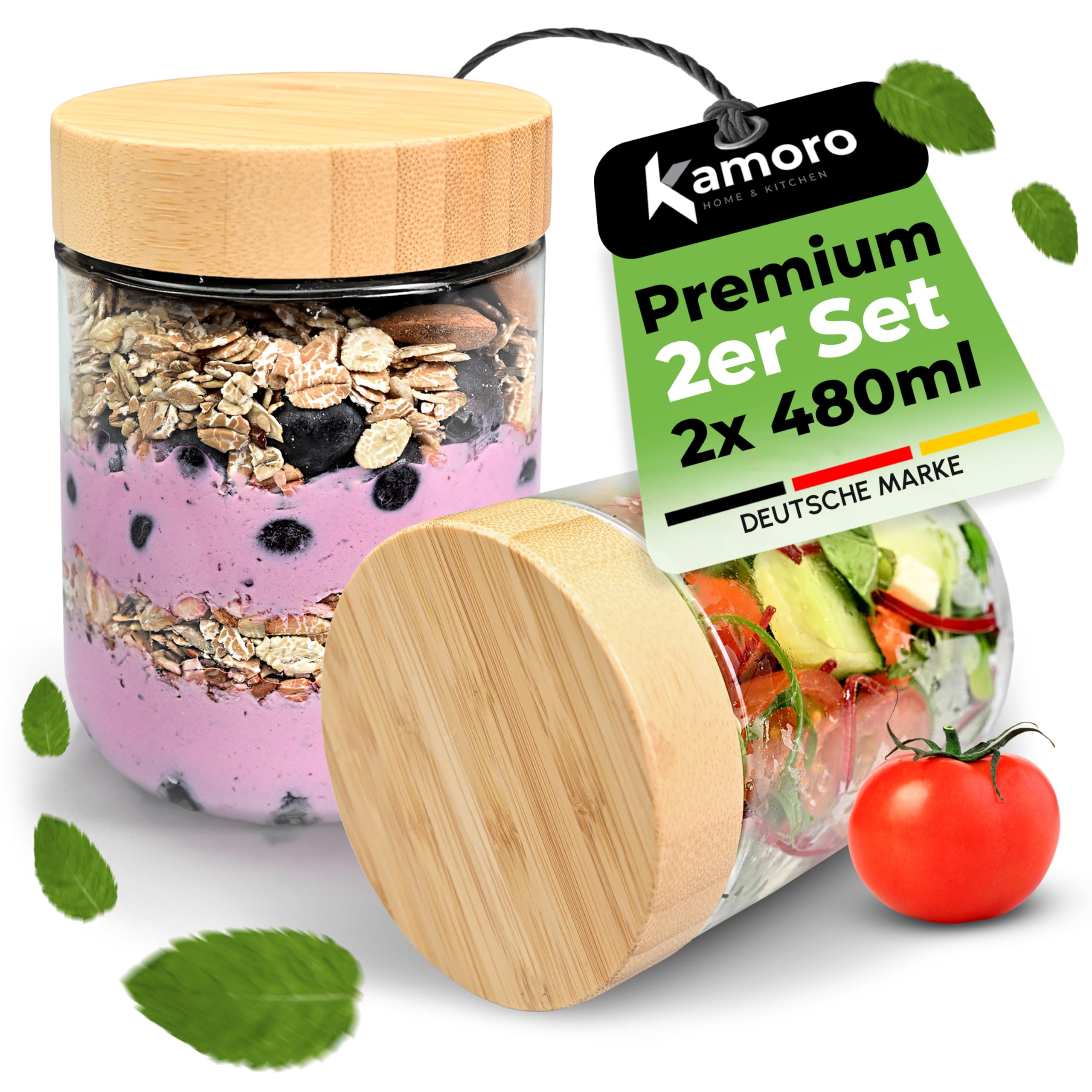 Overnight Oats Glasses Set of 2 - Airtight Storage Jars with Bamboo Lid 480 ml - Ideal for Overnight Oats, Cereal Cups to Go, Porridge, Yoghurt & Jam - Sustainable Meal Prep Glasses