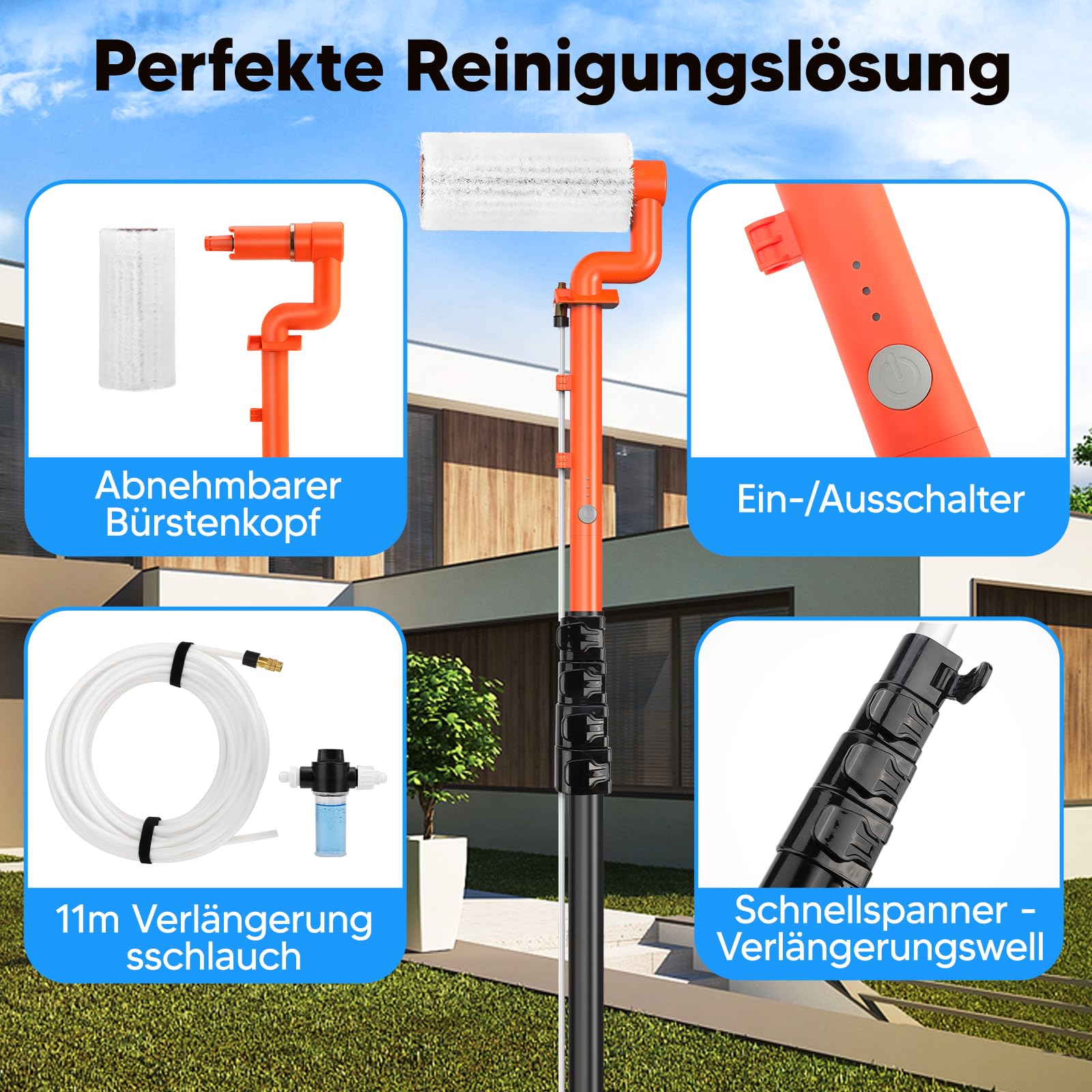 Elektrische Teleskop Waschbürste mit Teleskopstiel 6,5m - PV Anlage Reinigungswalze Waschbürste | Ausziehbar Teleskopstangen Reinigung für Fenster, Terrassendach, Wintergarten Reinigungsset
