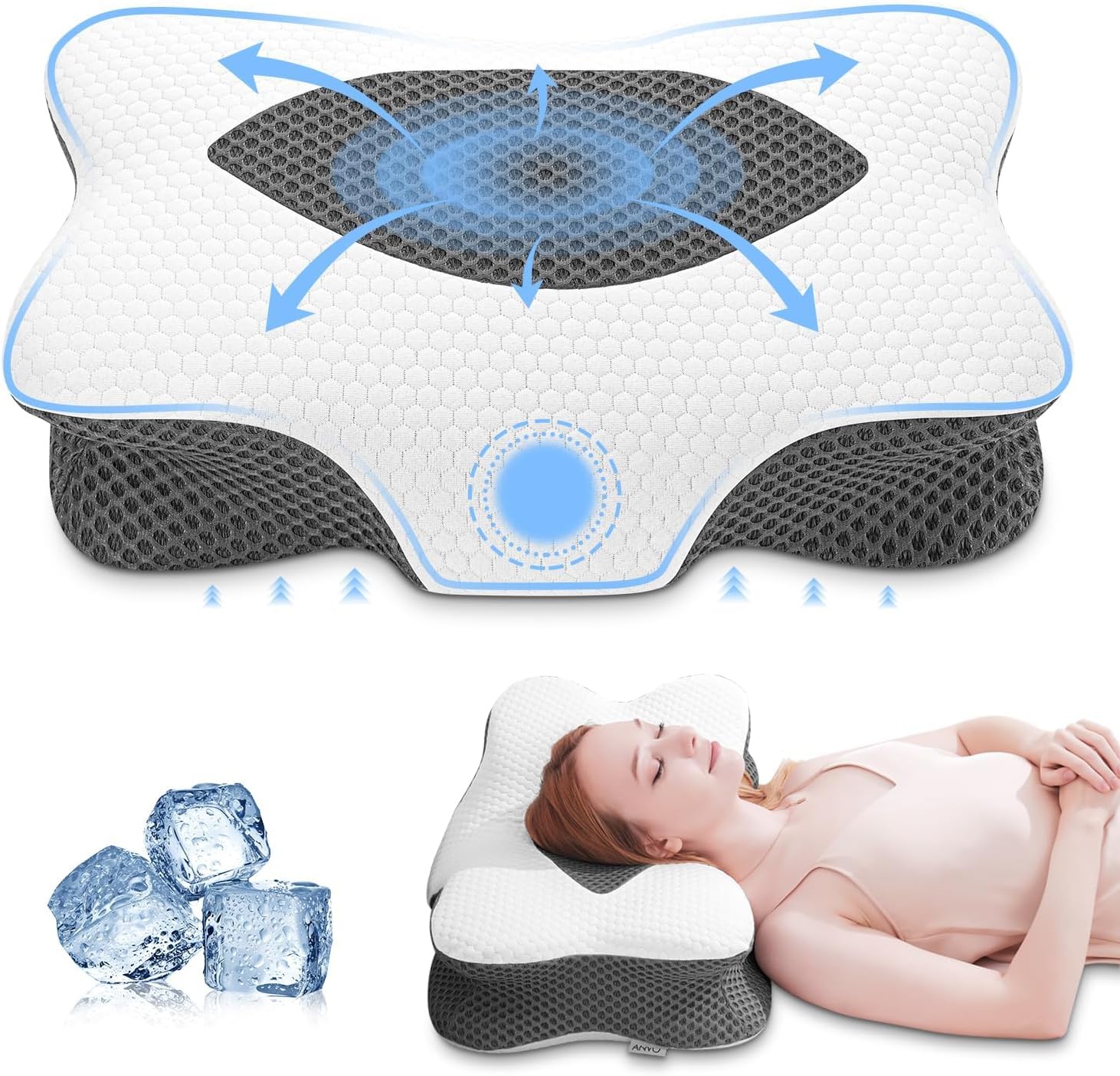 Anvo Cervical Pillow for Neck Pain Relief - Neck Pillows for Pain Relief Sleeping - Pillow for Neck and Shoulder Pain - Ergonomic Design for Side Back Stomach Sleeper-Grey Queen Firm