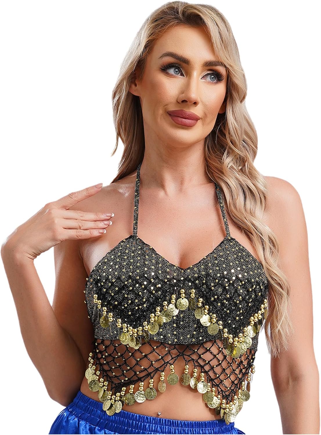 Women Sequin Halter Bra Top Belly Dance Boho Festival Clubbing Tribal Dancewear